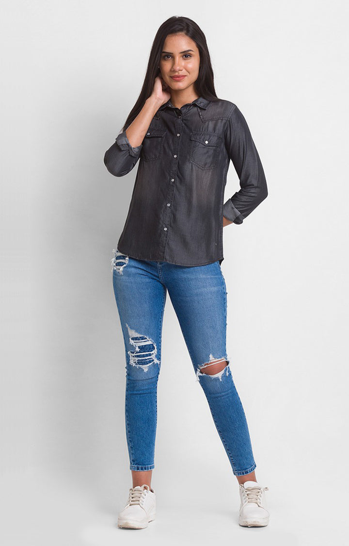 Spykar Black Regular Fit Casual Shirts For Women