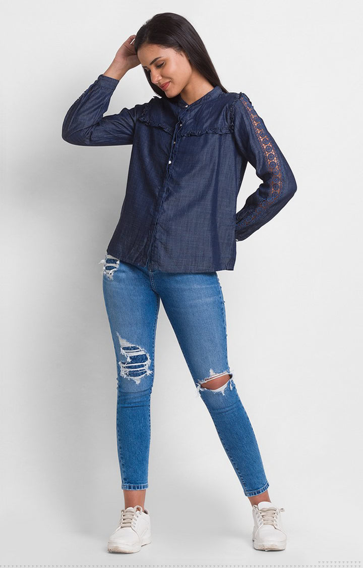 Spykar Mid Blue Regular Fit Casual Shirts For Women