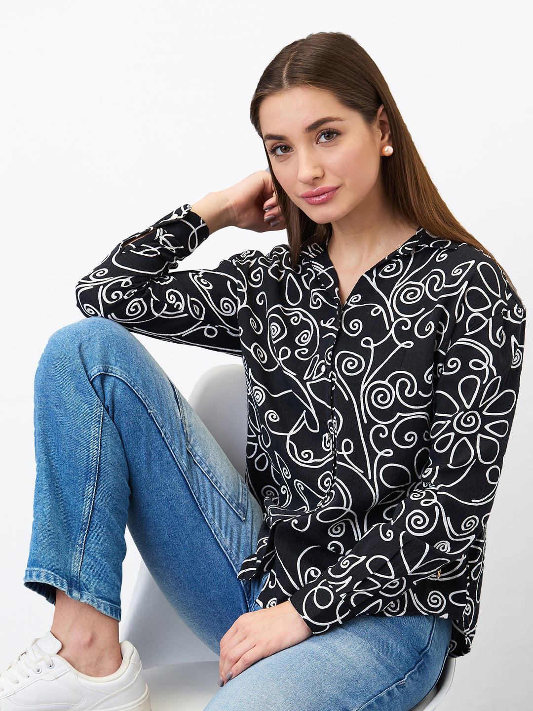 Spykar Black Regular Fit Printed Top For Women