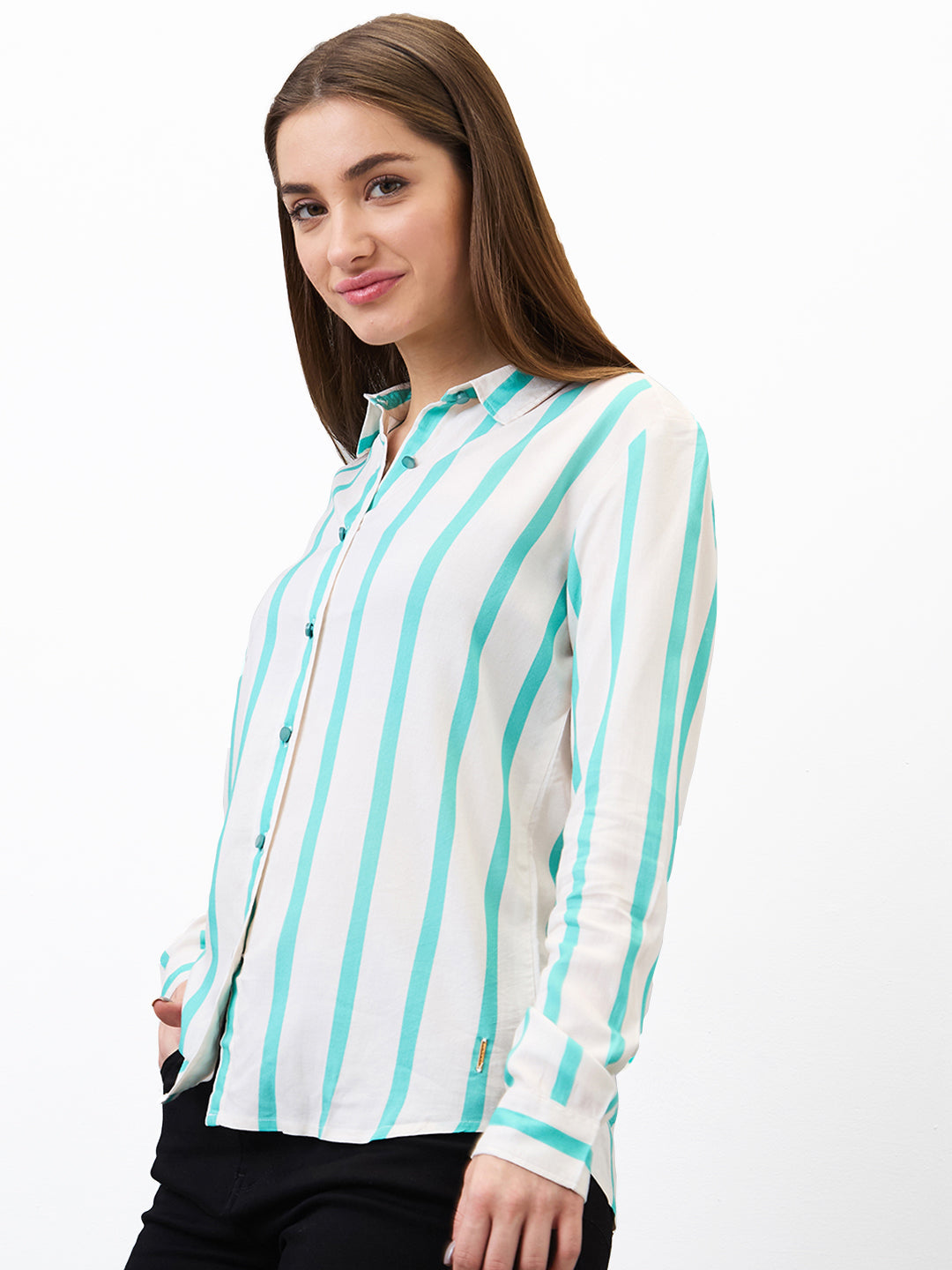 Spykar Blue Regular Fit Printed Full Sleeve Shirt For Women