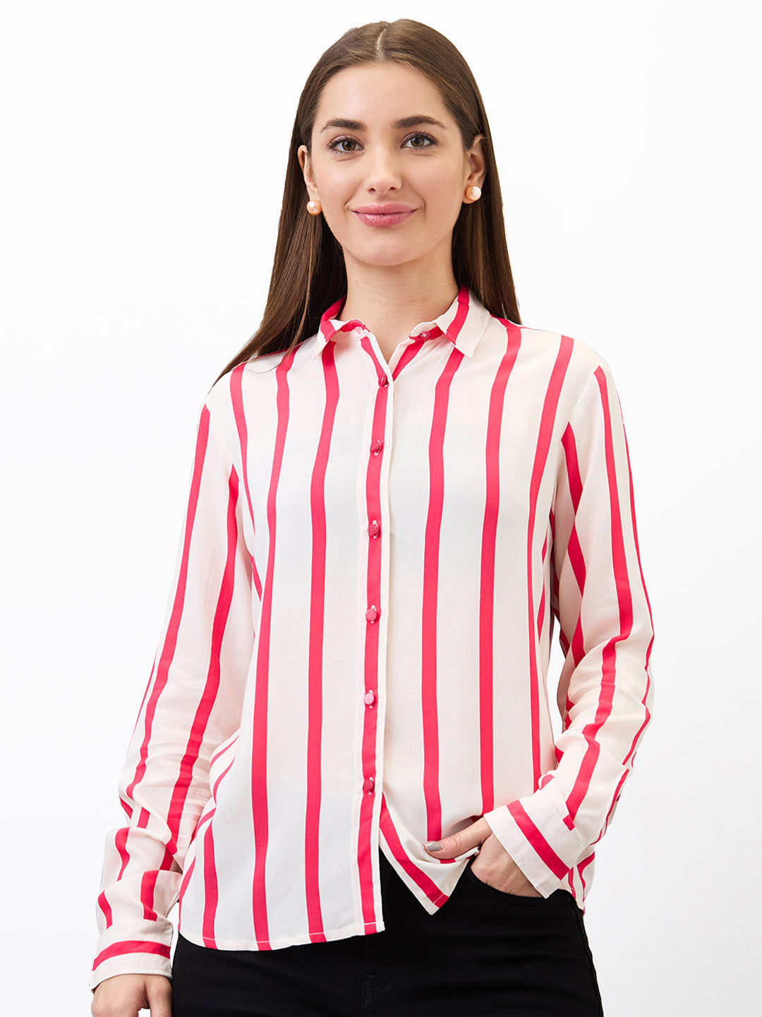 Spykar Red Regular Fit Printed Full Sleeve Shirt For Women