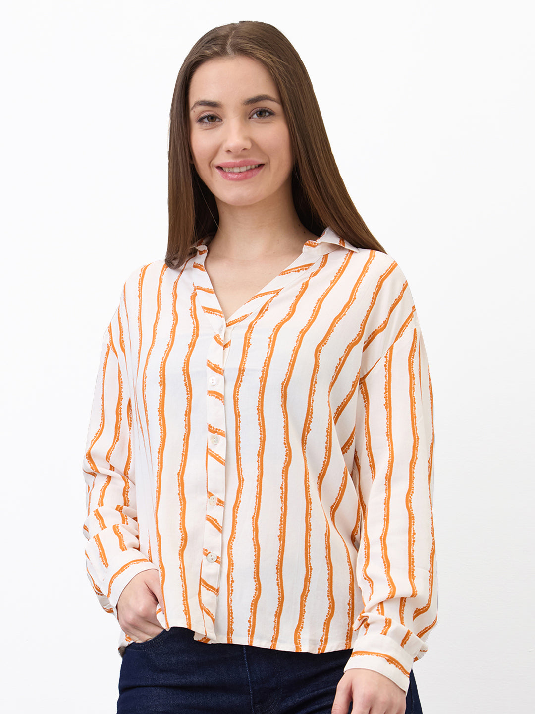 Spykar Orange Regular Fit Printed Full Sleeve Shirt For Women