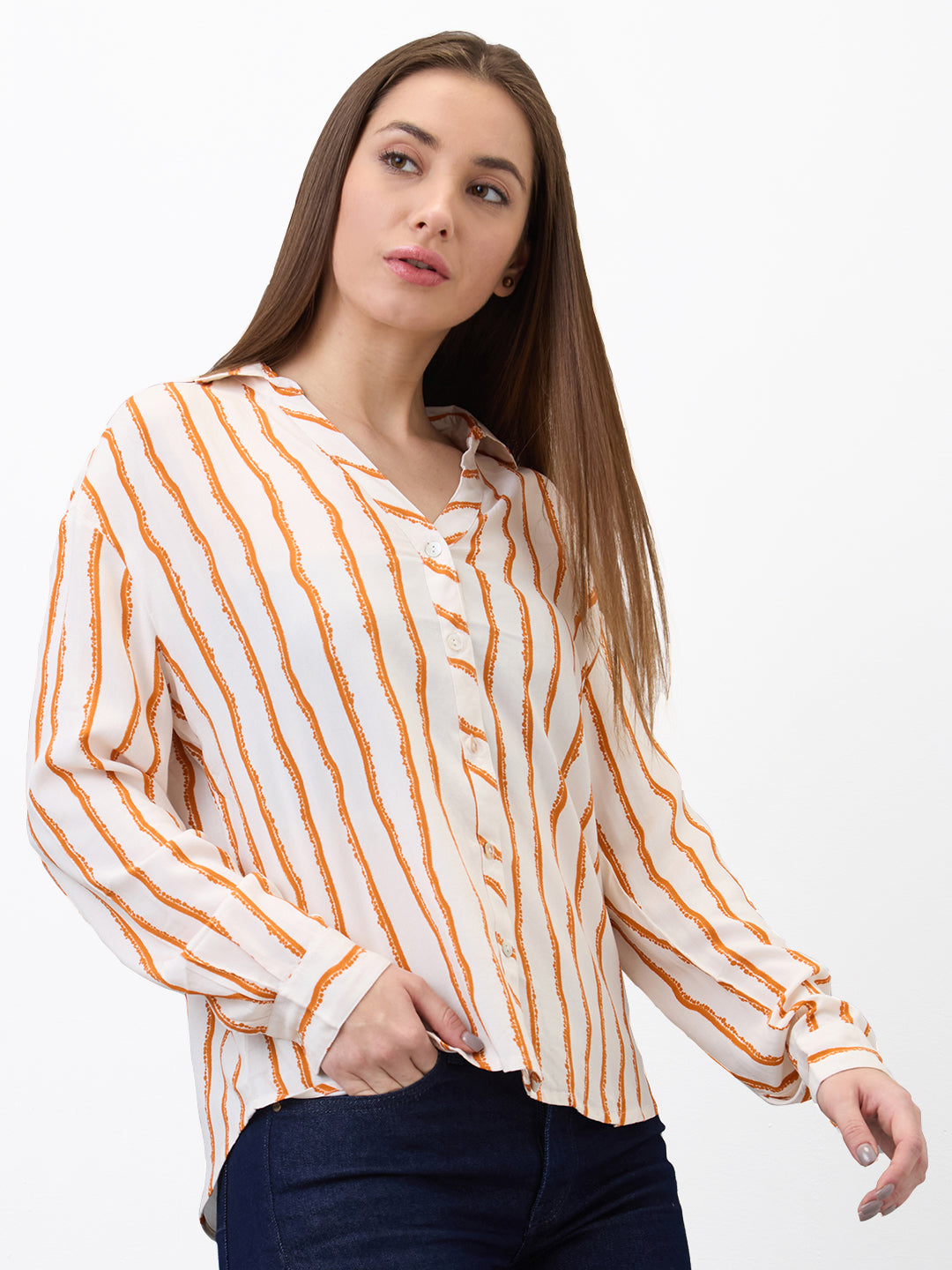 Spykar Orange Regular Fit Printed Full Sleeve Shirt For Women