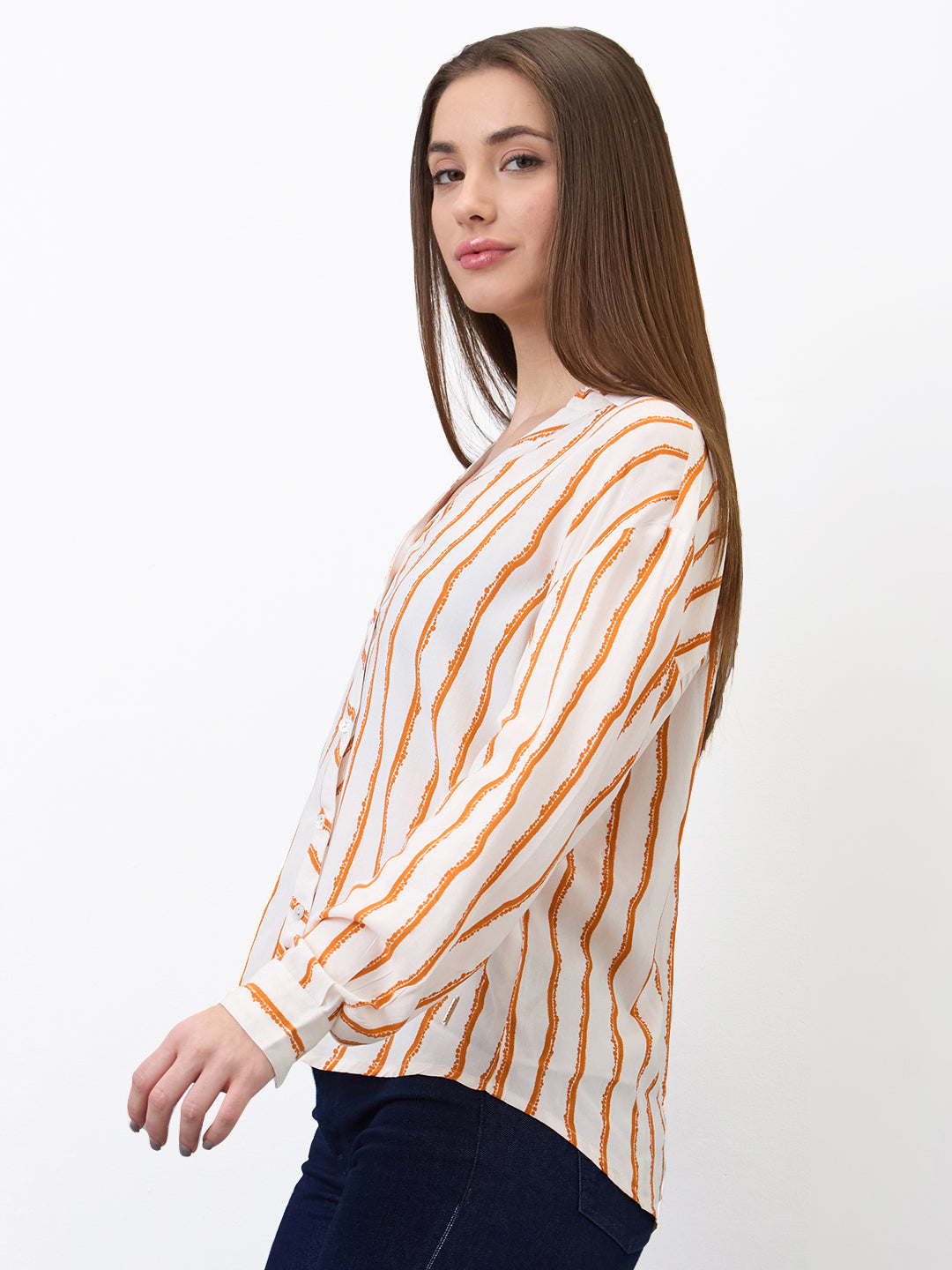 Spykar Orange Regular Fit Printed Full Sleeve Shirt For Women