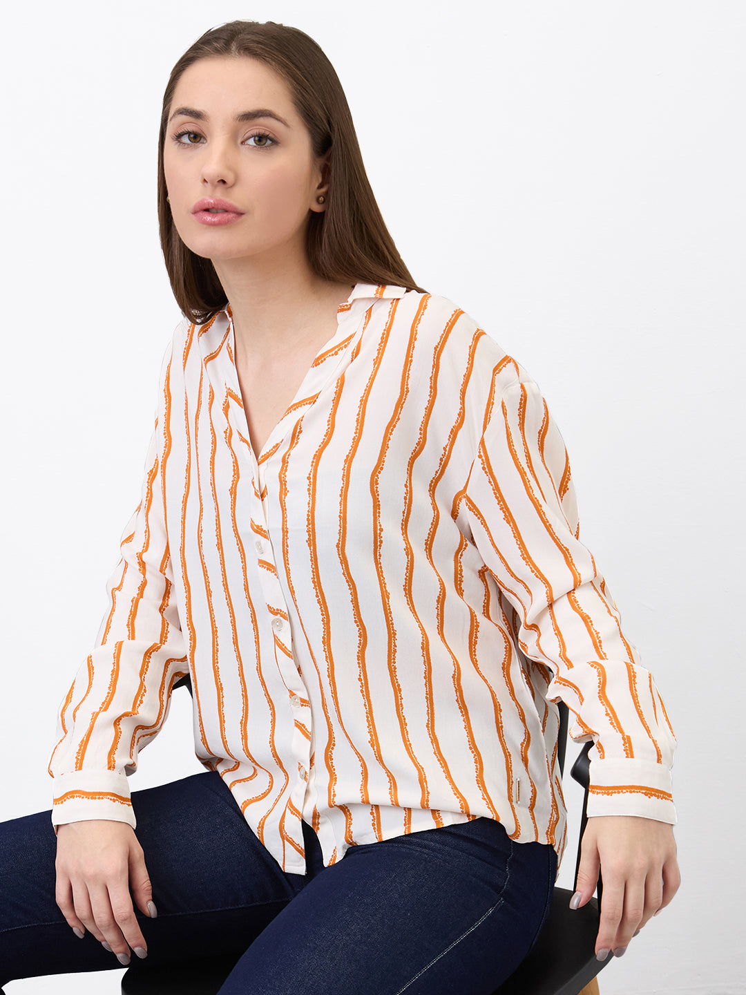 Spykar Orange Regular Fit Printed Full Sleeve Shirt For Women