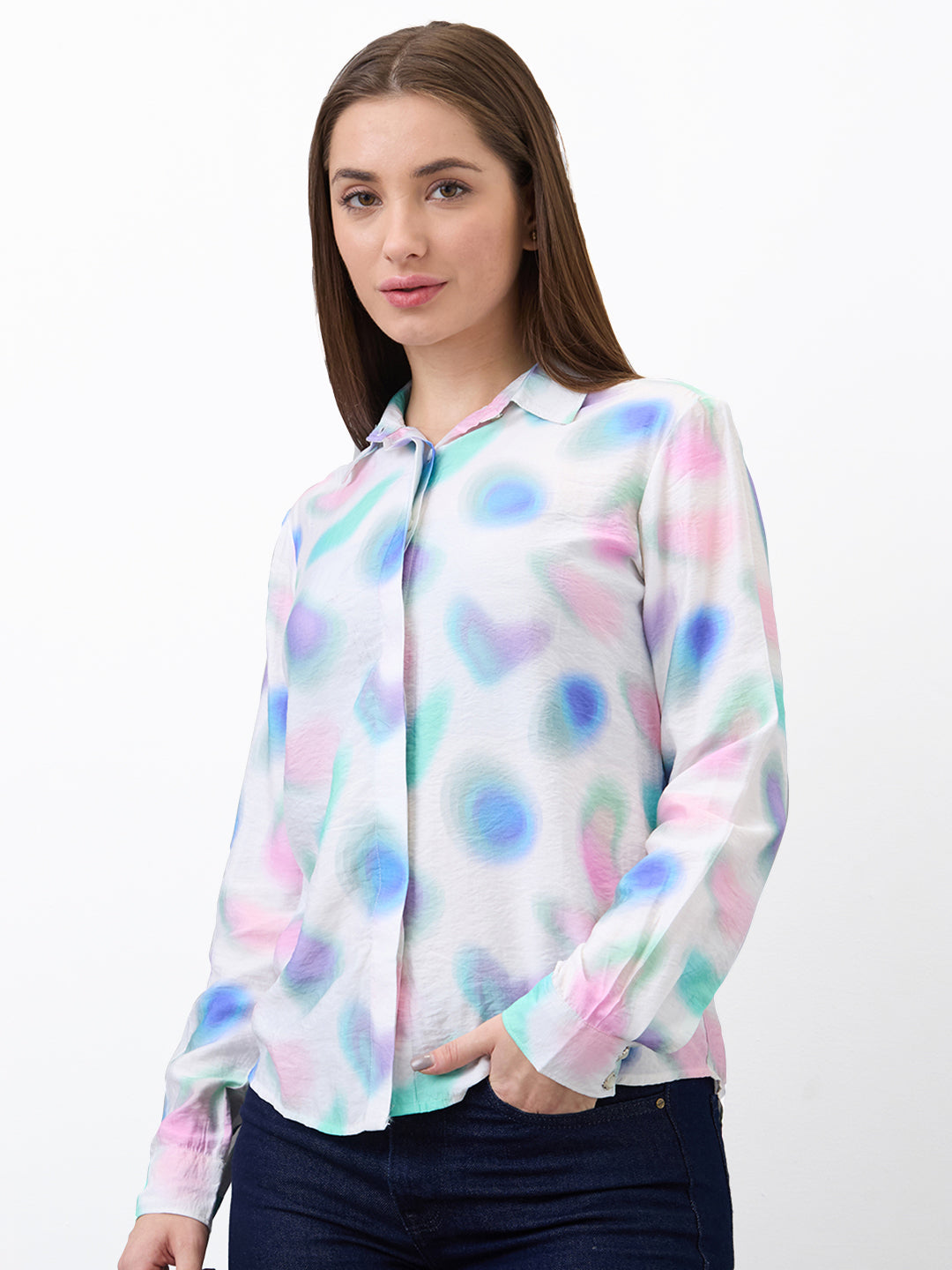 Spykar White Regular Fit Printed Full Sleeve Shirt For Women