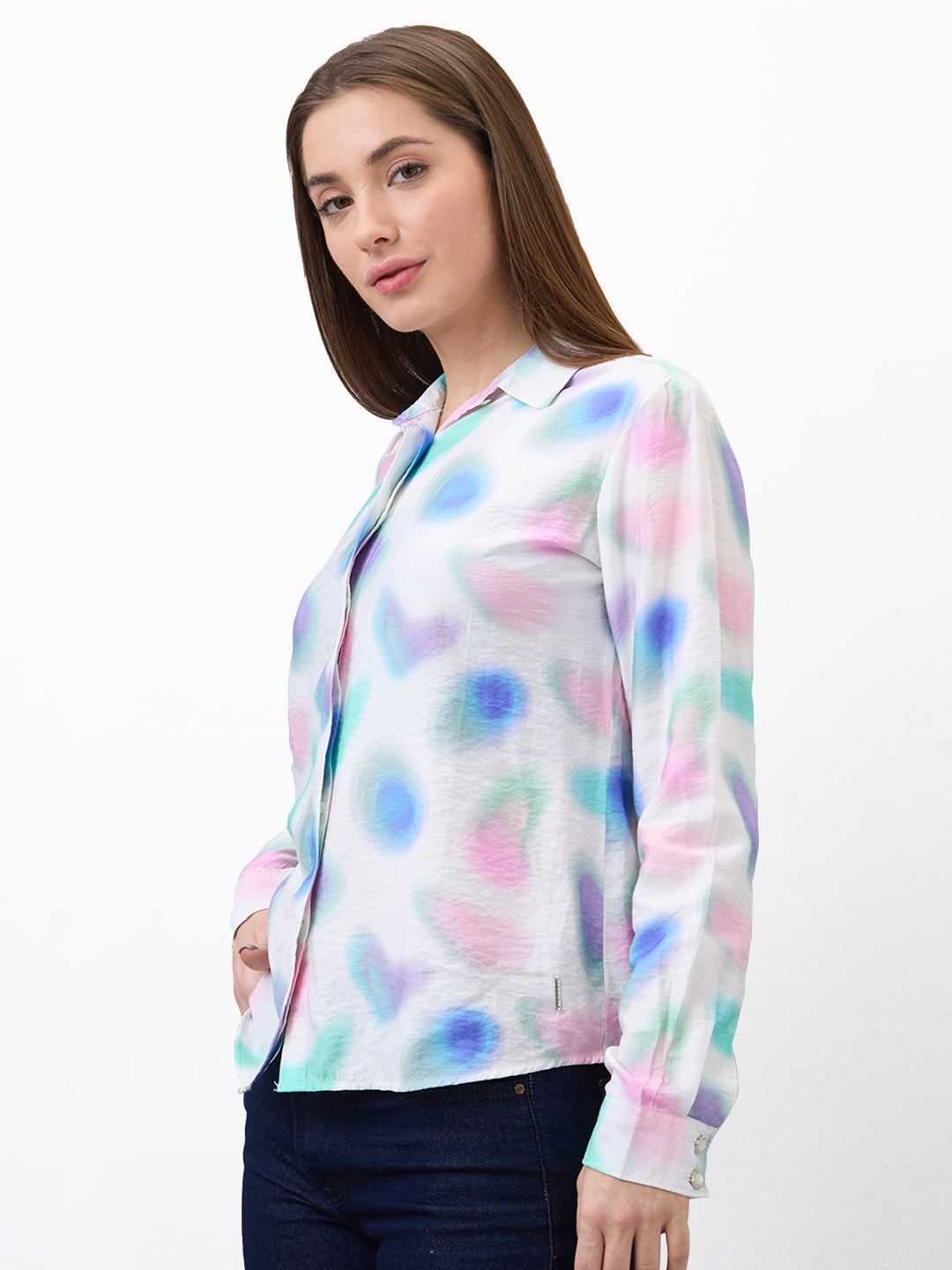 Spykar White Regular Fit Printed Full Sleeve Shirt For Women