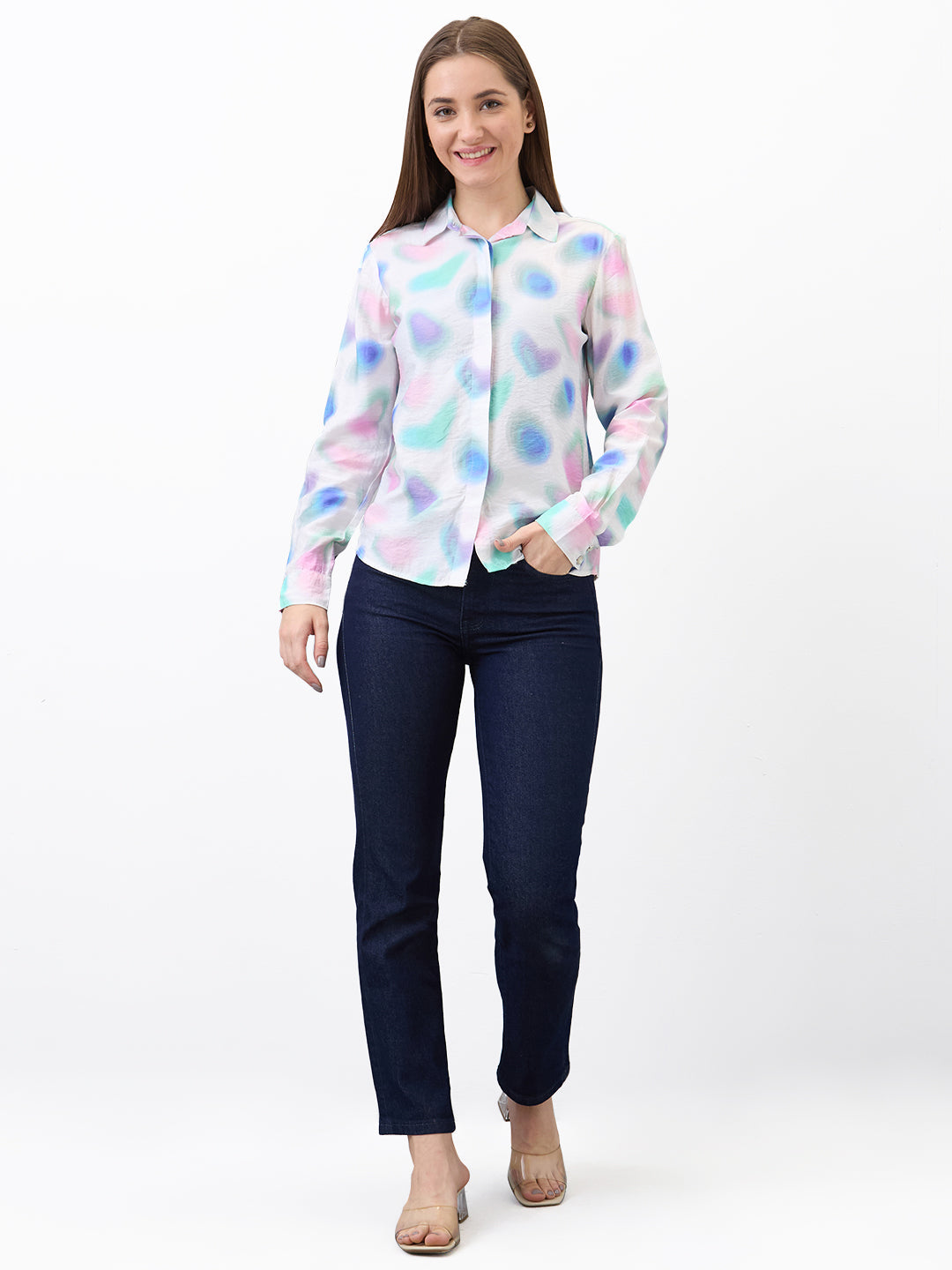 Spykar White Regular Fit Printed Full Sleeve Shirt For Women