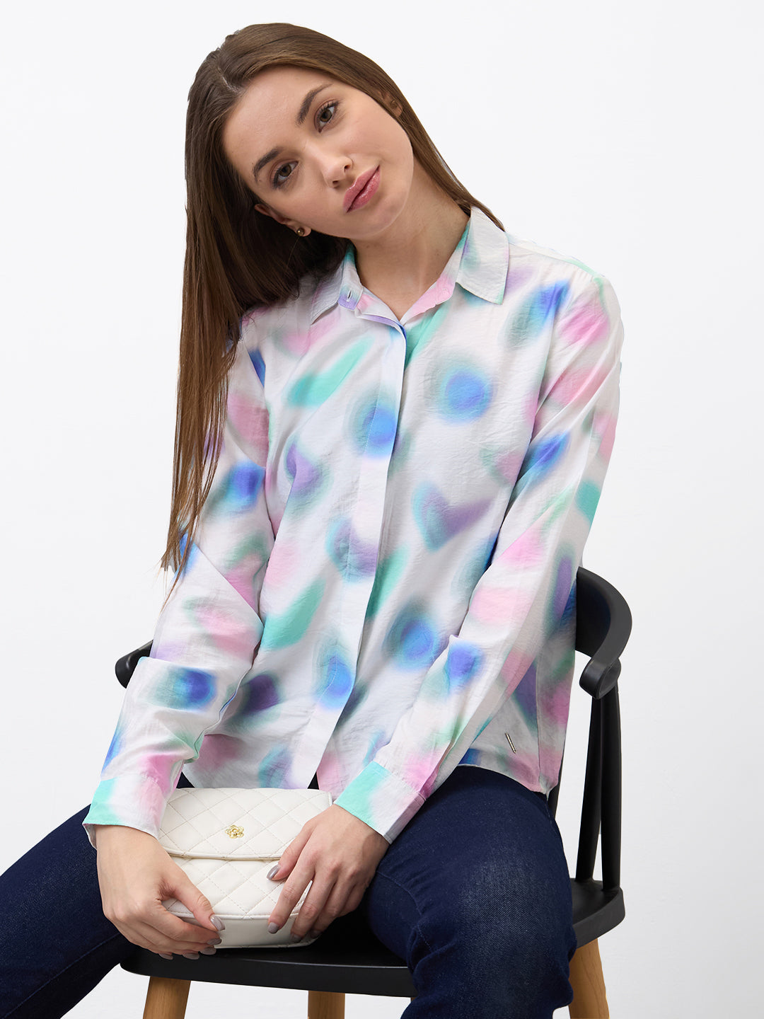 Spykar White Regular Fit Printed Full Sleeve Shirt For Women