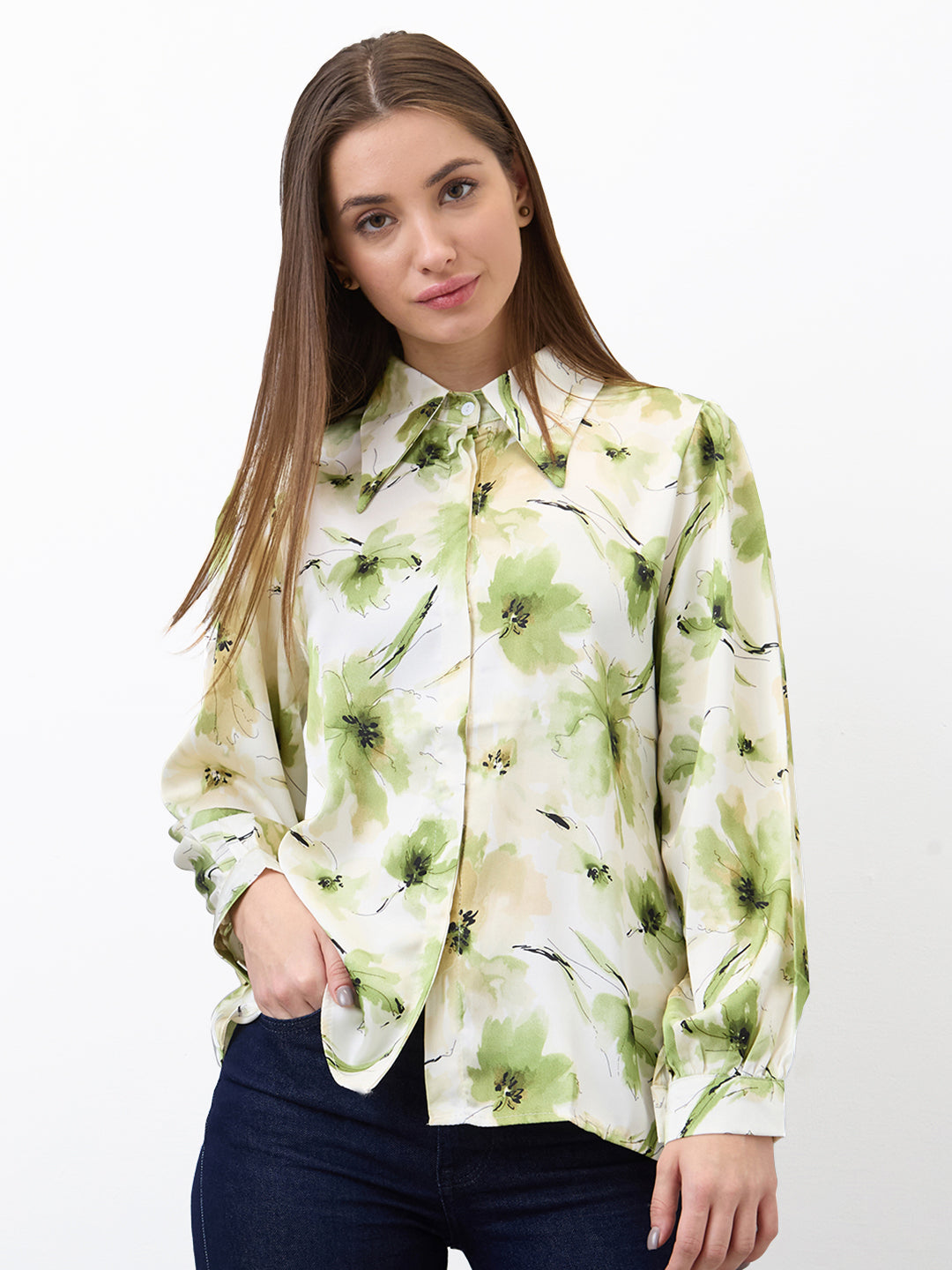 Spykar Green Regular Fit Printed Full Sleeve Shirt For Women