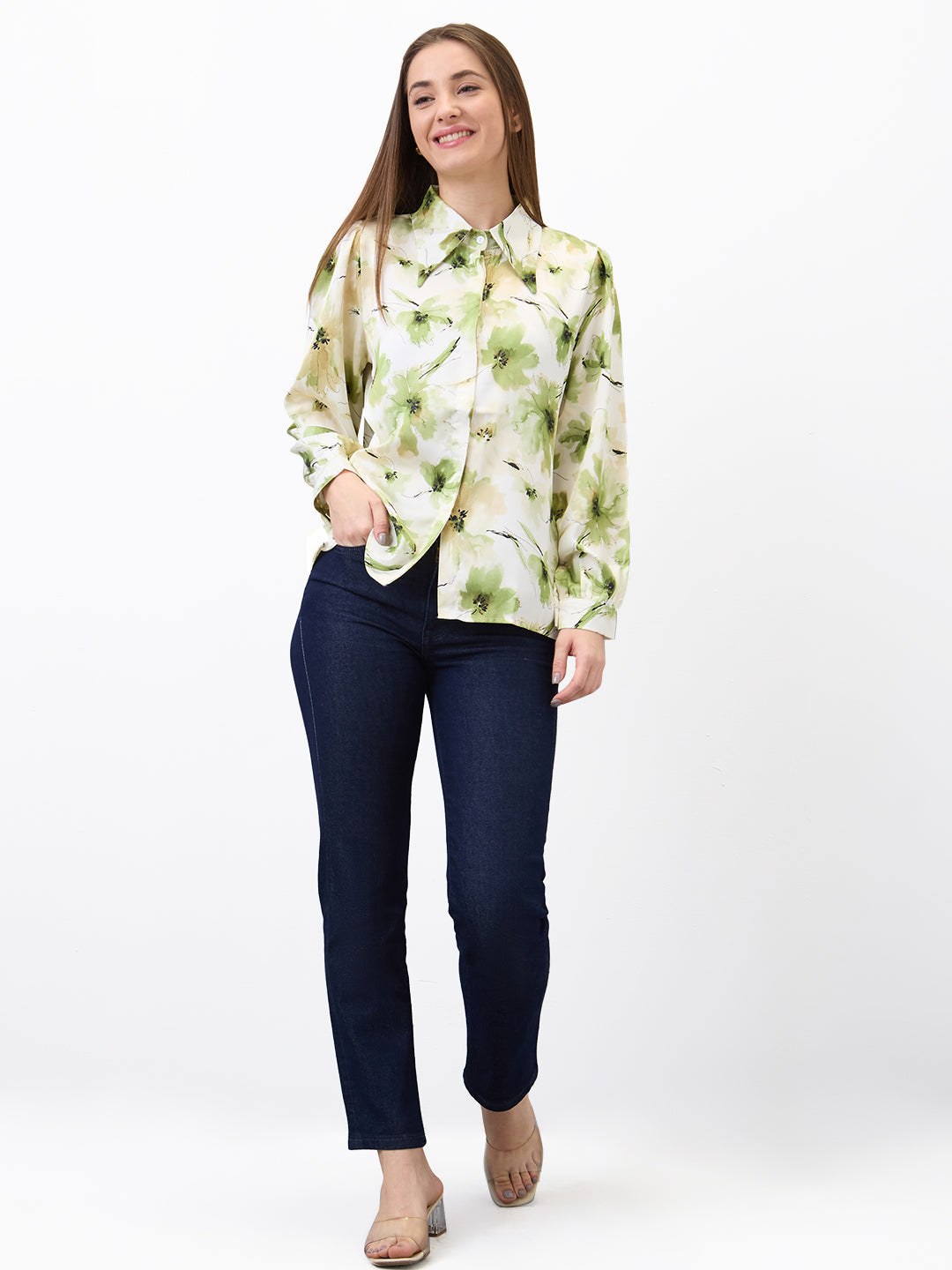 Spykar Green Regular Fit Printed Full Sleeve Shirt For Women