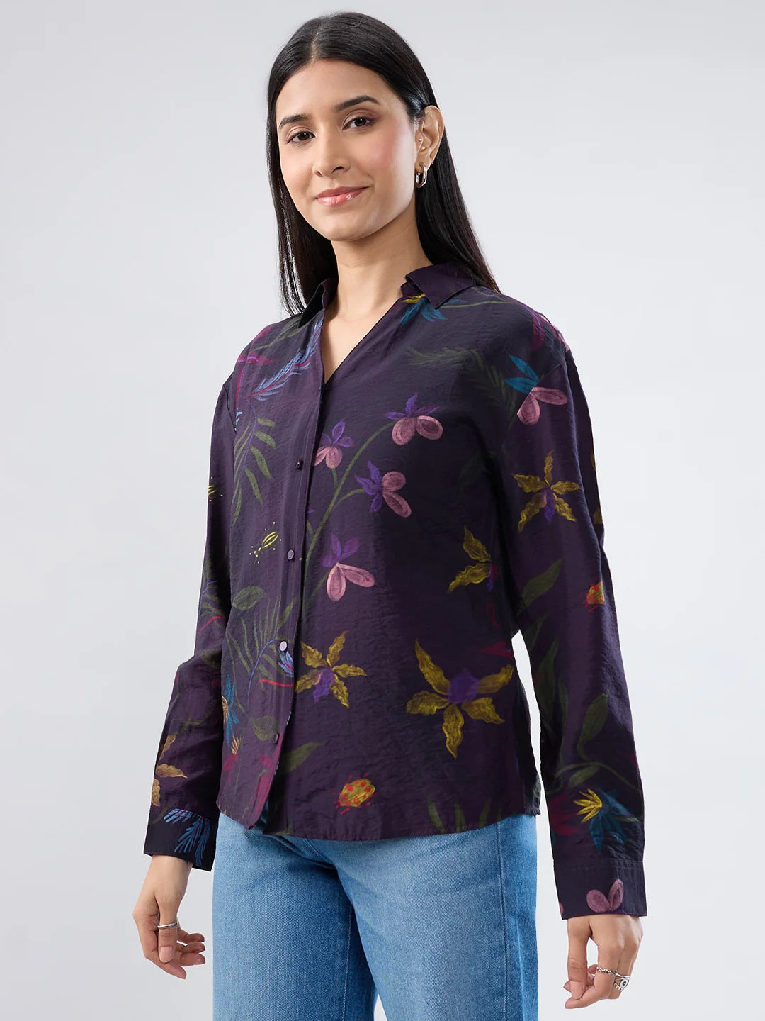 Women Shirt Print Purple Regular Fit