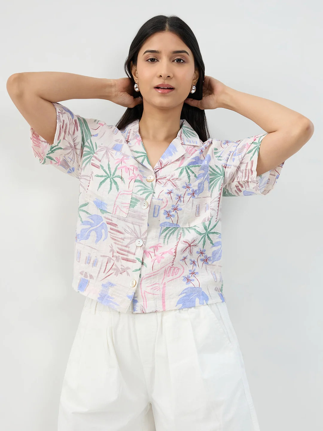 Women Shirt Print White Boxy Fit
