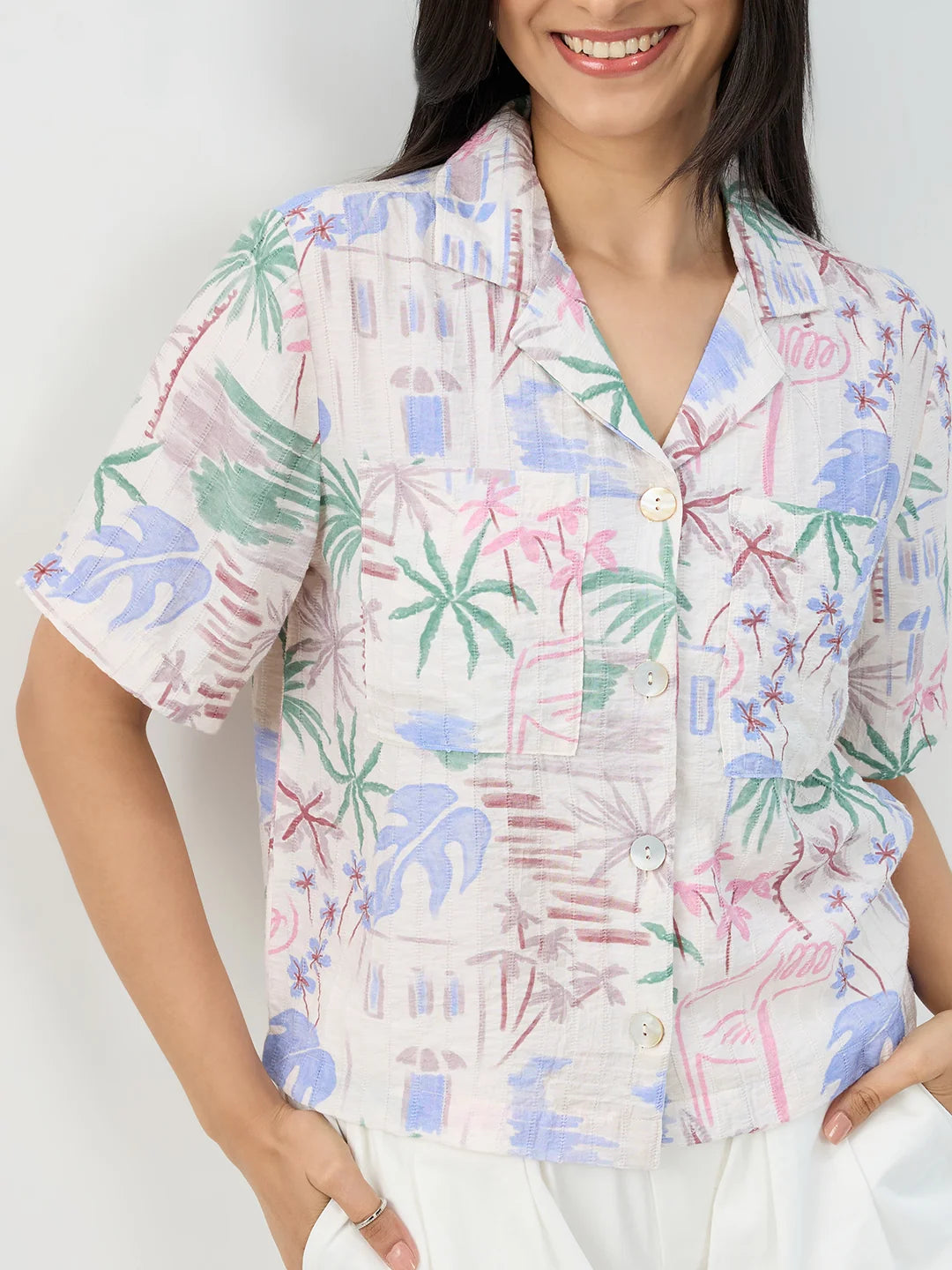 Women Shirt Print White Boxy Fit