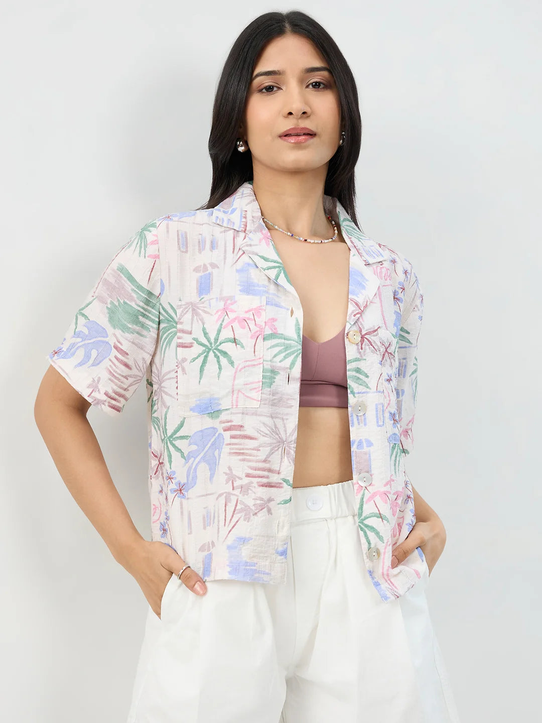 Women Shirt Print White Boxy Fit