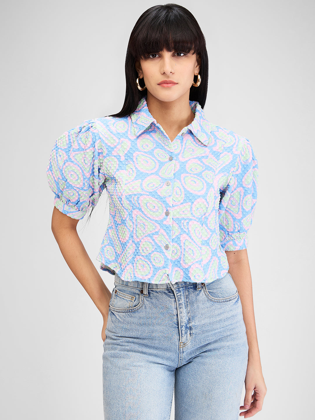 Spykar Blue Slim Fit Printed Half Sleeves Shirt For Women