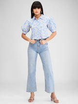 Women Shirt Print Blue Slim Fit