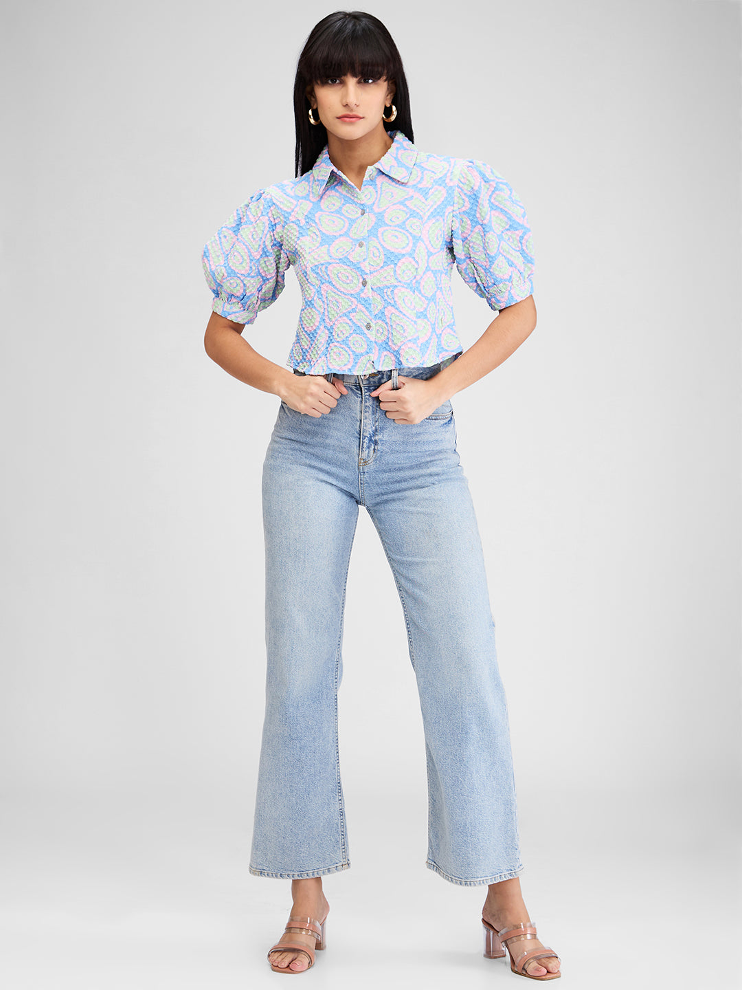 Women Shirt Print Blue Slim Fit