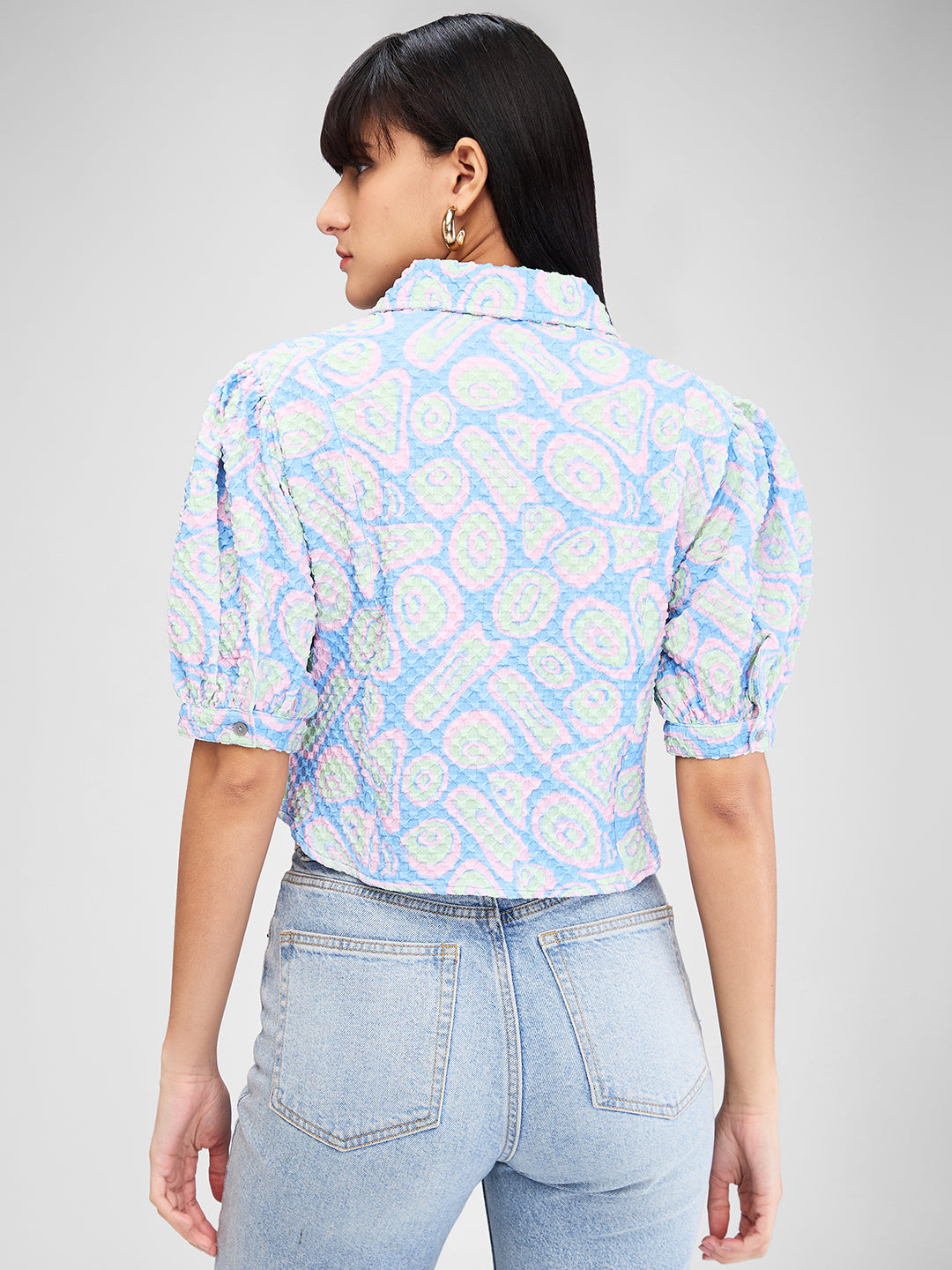 Women Shirt Print Blue Slim Fit