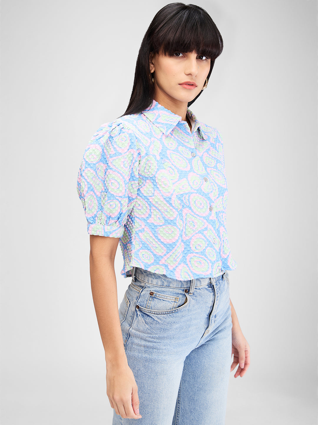 Women Shirt Print Blue Slim Fit