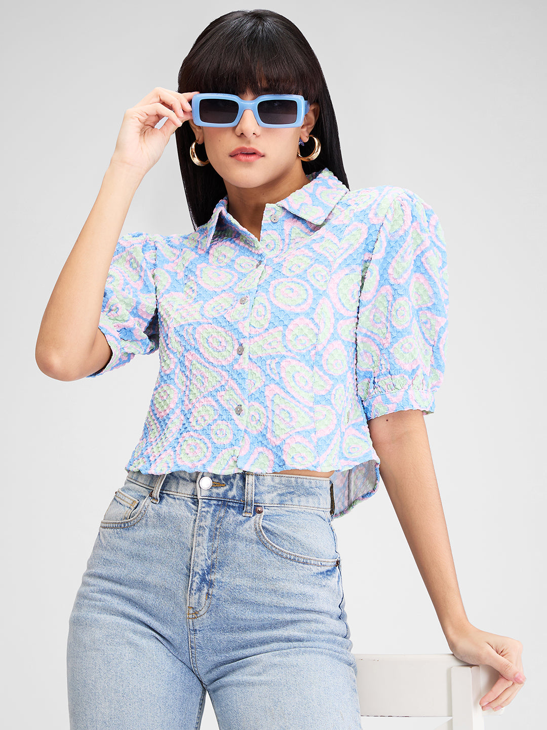 Spykar Blue Slim Fit Printed Half Sleeves Shirt For Women