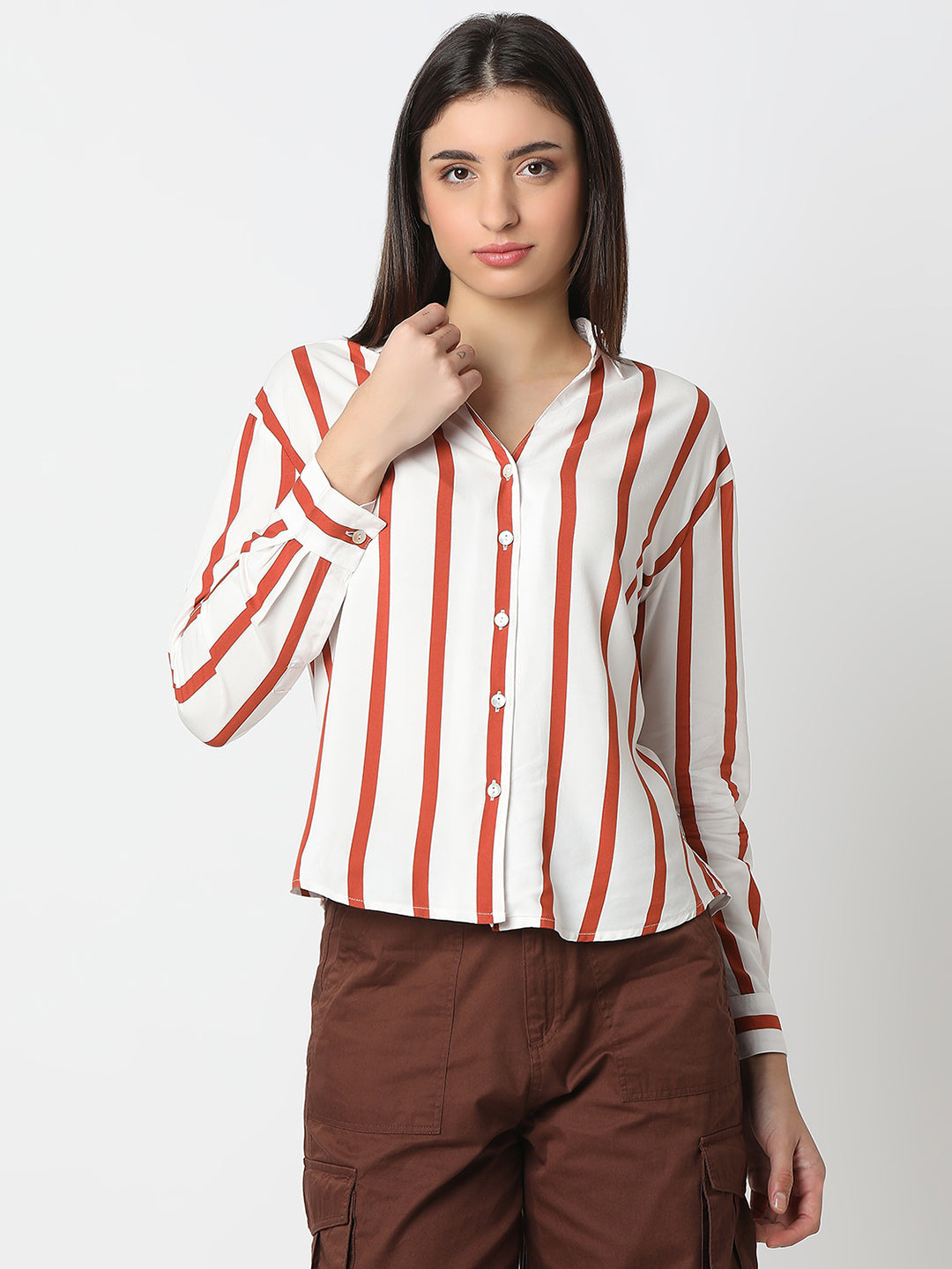 Spykar Terracotta Brown Regular Fit Full Sleeves Shirt For Women