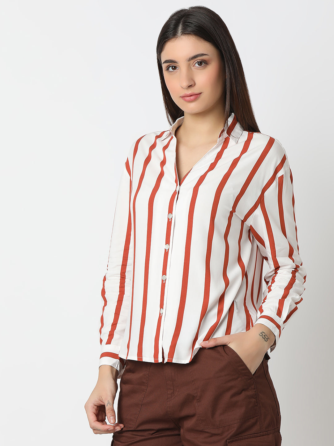 Spykar Terracotta Brown Regular Fit Full Sleeves Shirt For Women