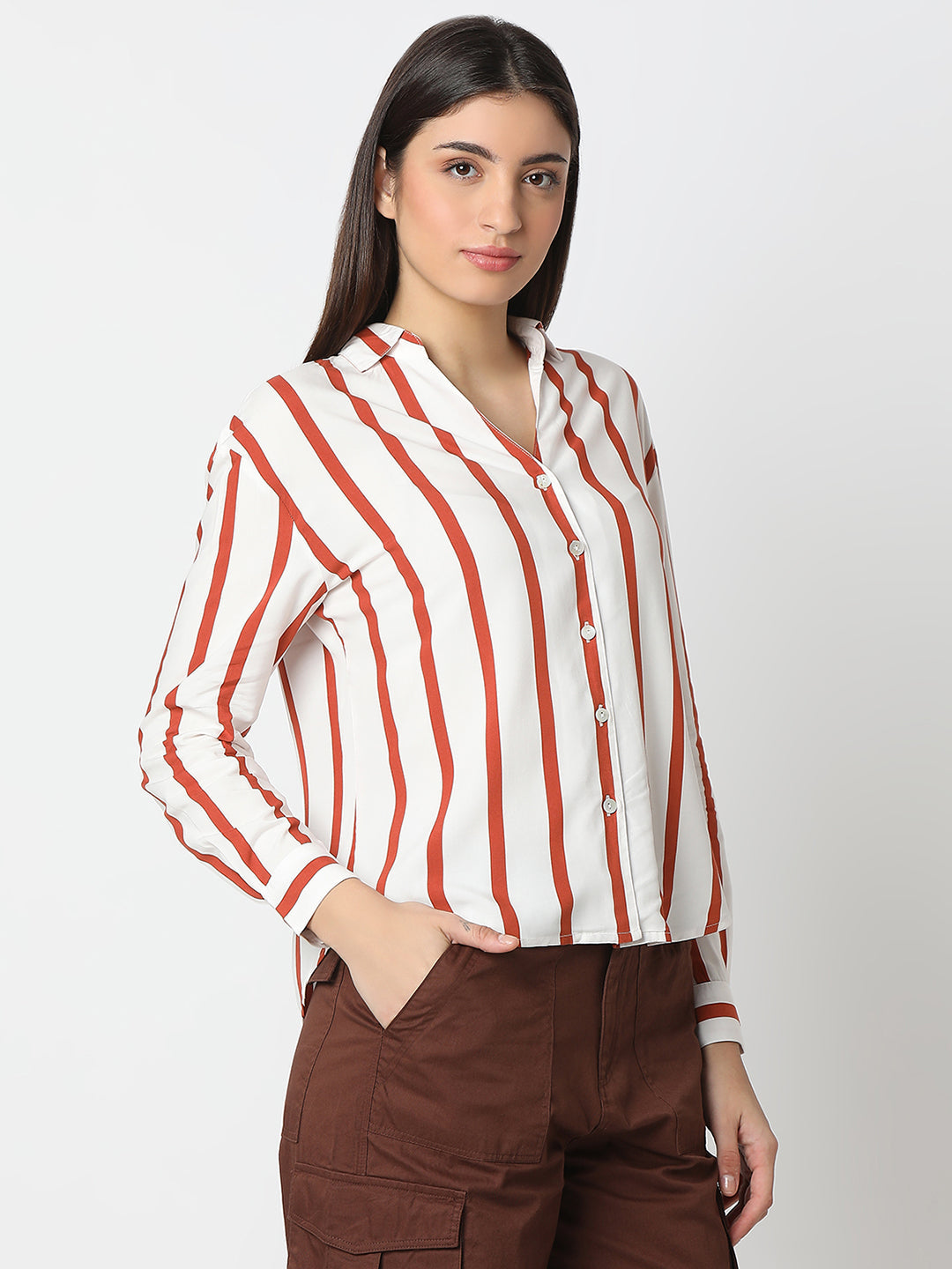 Spykar Terracotta Brown Regular Fit Full Sleeves Shirt For Women