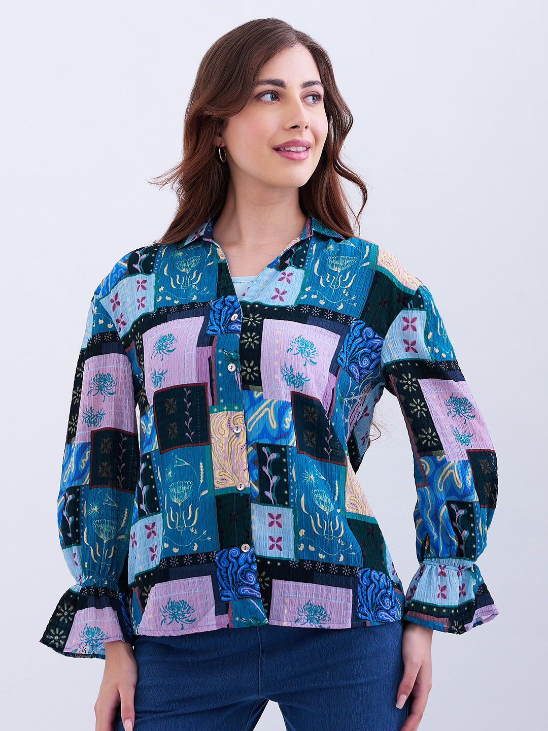 Spykar Retro Blue Regular Fit Casual Shirts For Women