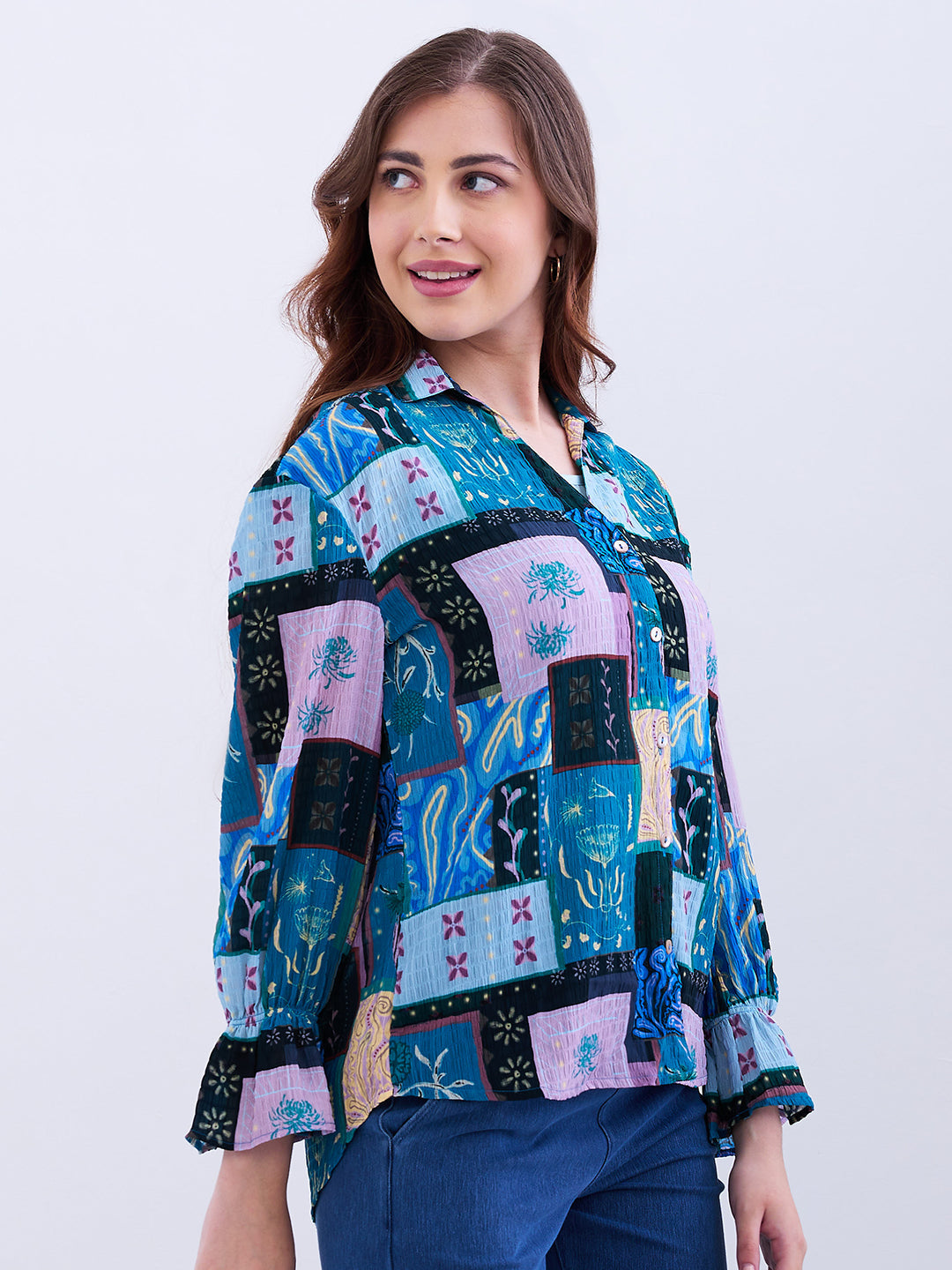 Spykar Retro Blue Regular Fit Casual Shirts For Women