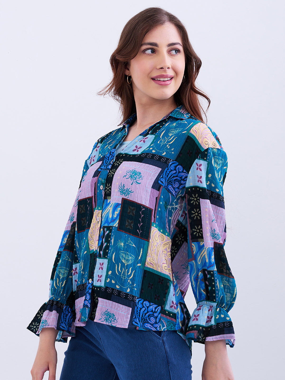 Spykar Retro Blue Regular Fit Casual Shirts For Women