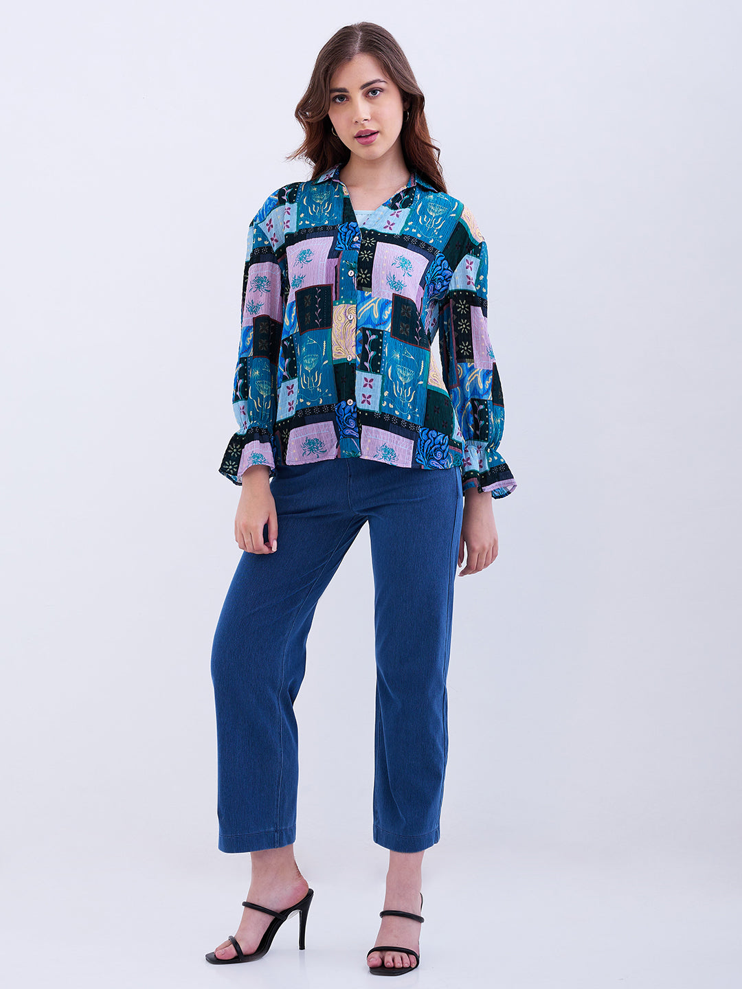 Spykar Retro Blue Regular Fit Casual Shirts For Women