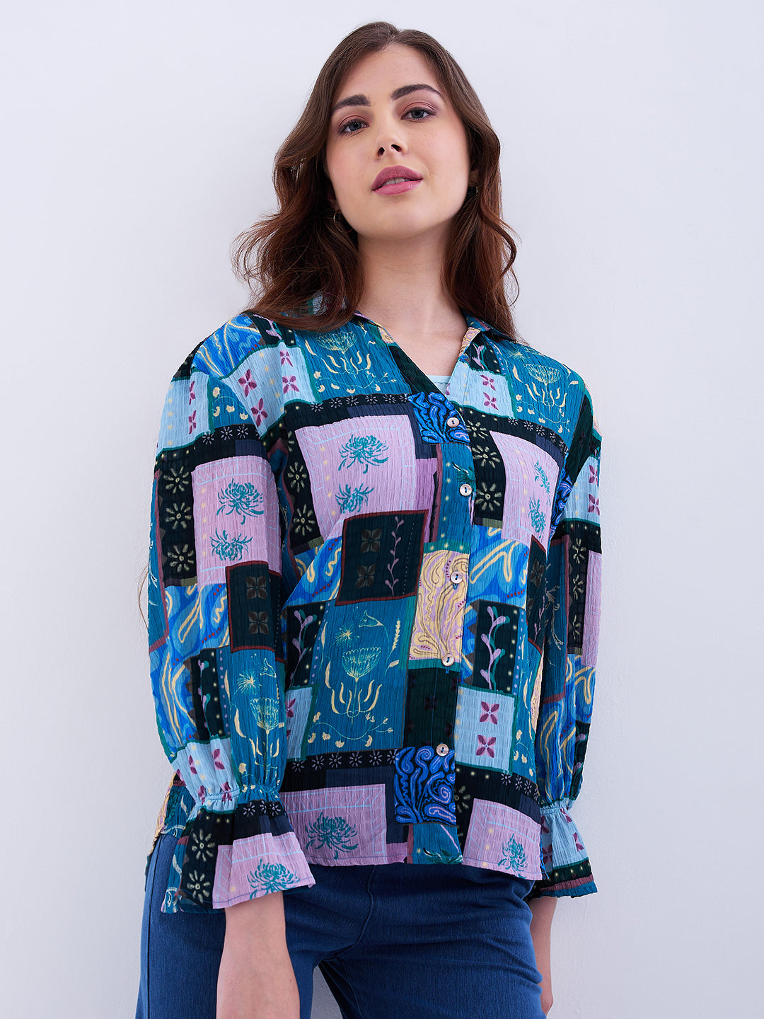 Spykar Retro Blue Regular Fit Casual Shirts For Women