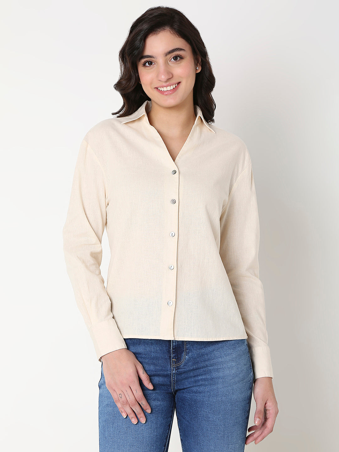 Spykar Women Beige Full Sleeves V-Neck Shirt