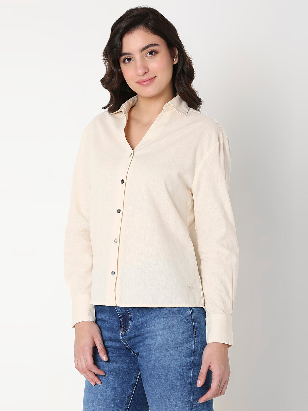 Spykar Women Beige Full Sleeves V-Neck Shirt