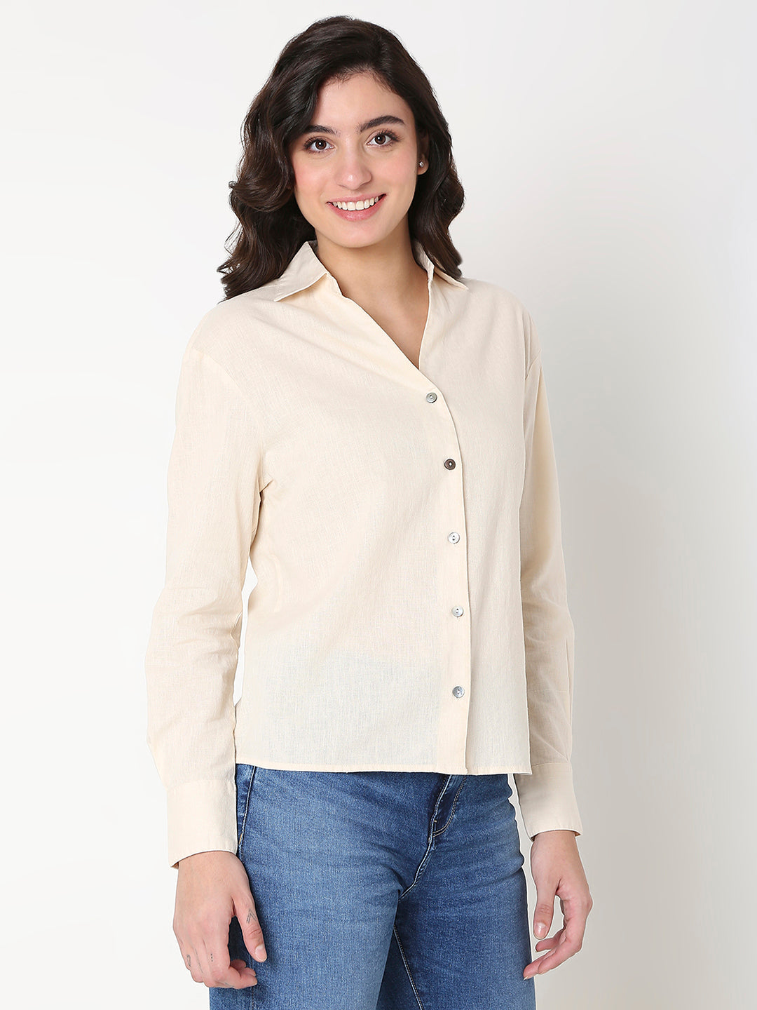 Spykar Women Beige Full Sleeves V-Neck Shirt