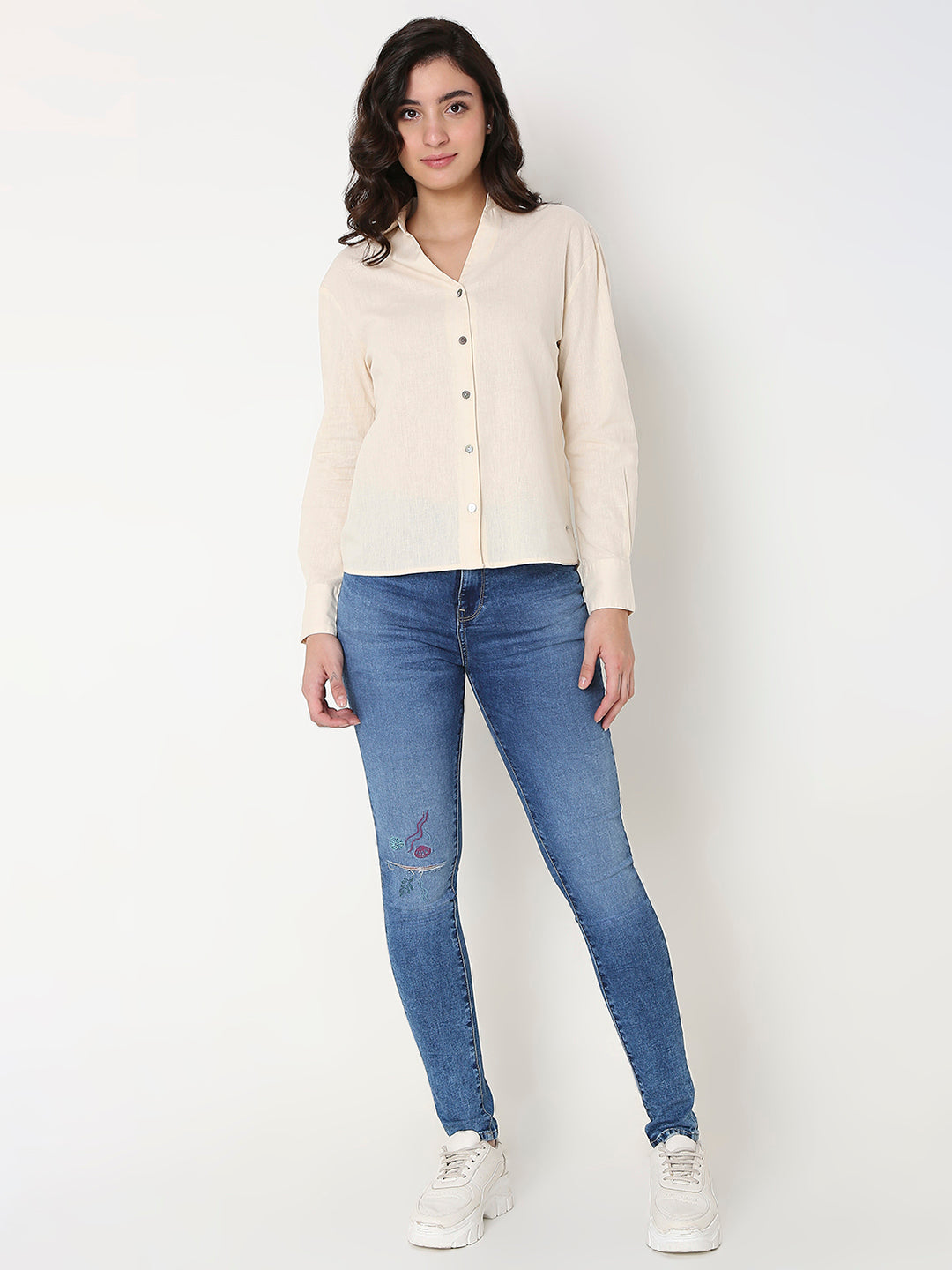 Spykar Women Beige Full Sleeves V-Neck Shirt