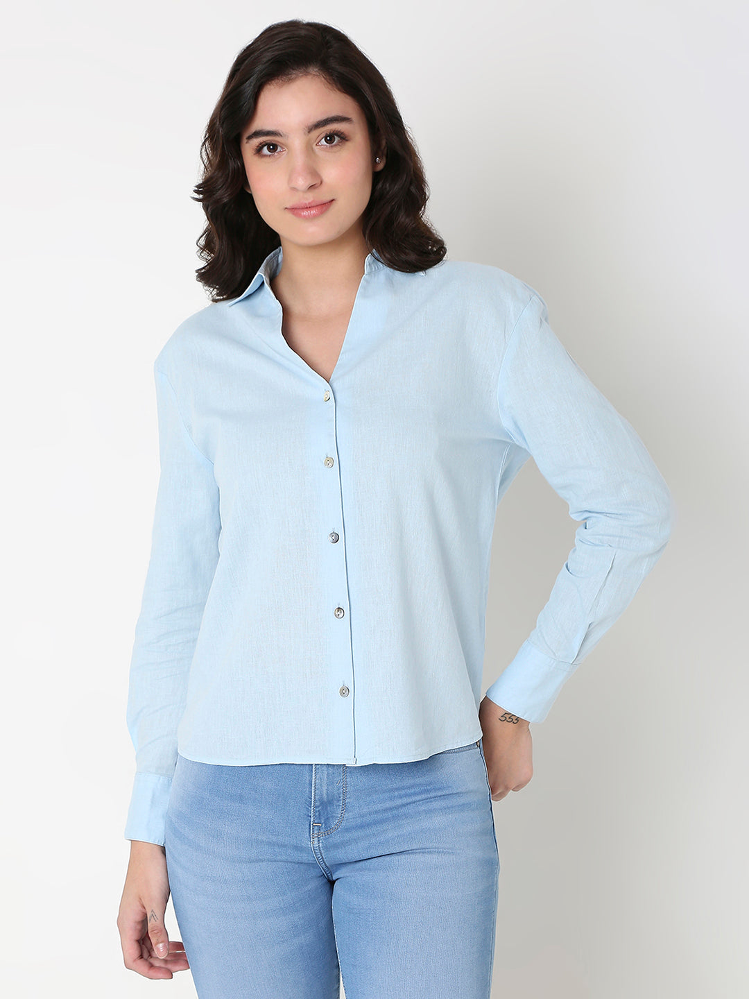 Spykar Women Sky Blue Full Sleeves V-Neck Shirt