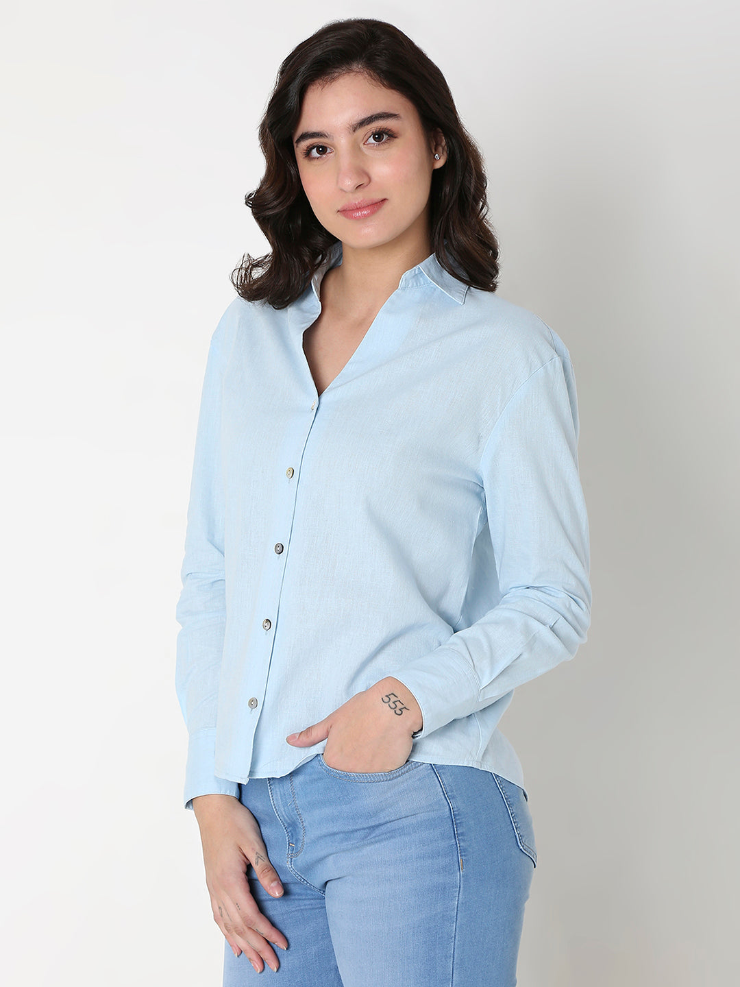 Spykar Women Sky Blue Full Sleeves V-Neck Shirt