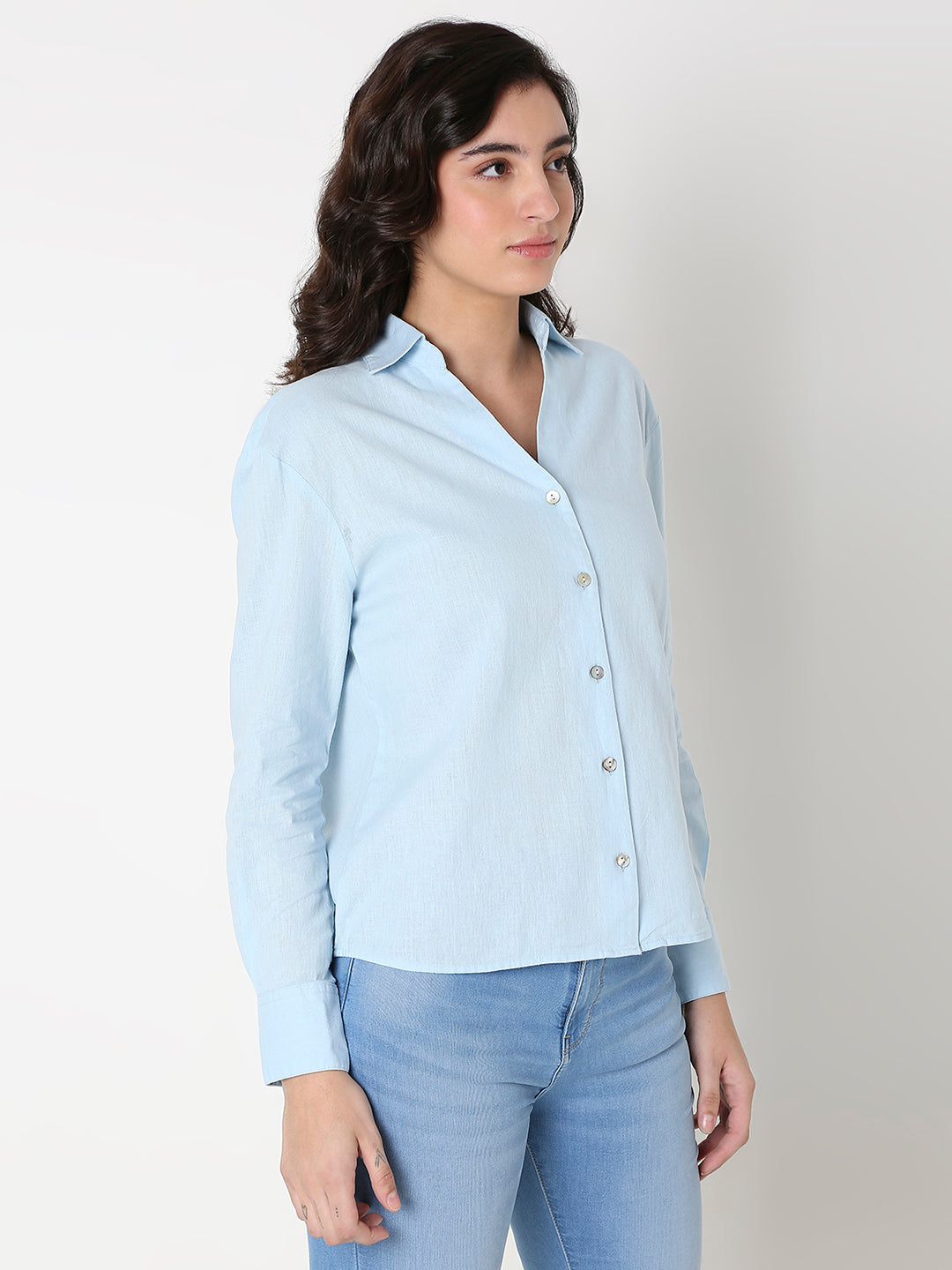 Spykar Women Sky Blue Full Sleeves V-Neck Shirt