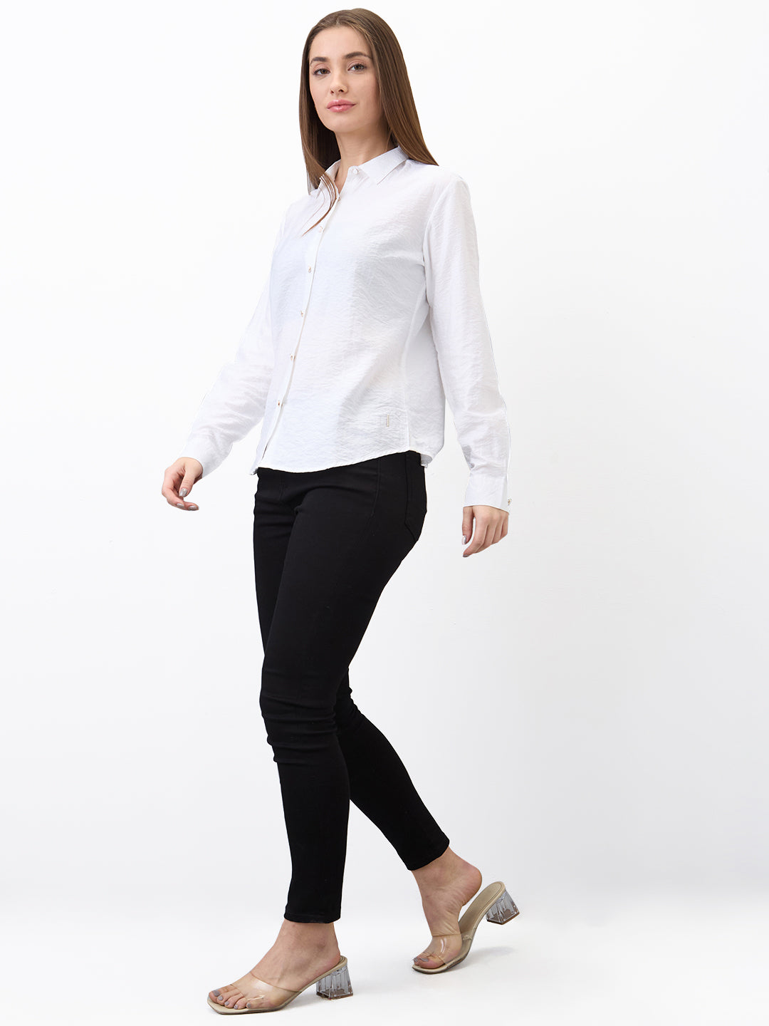 Spykar White Regular Fit Solid Full Sleeve Shirt For Women