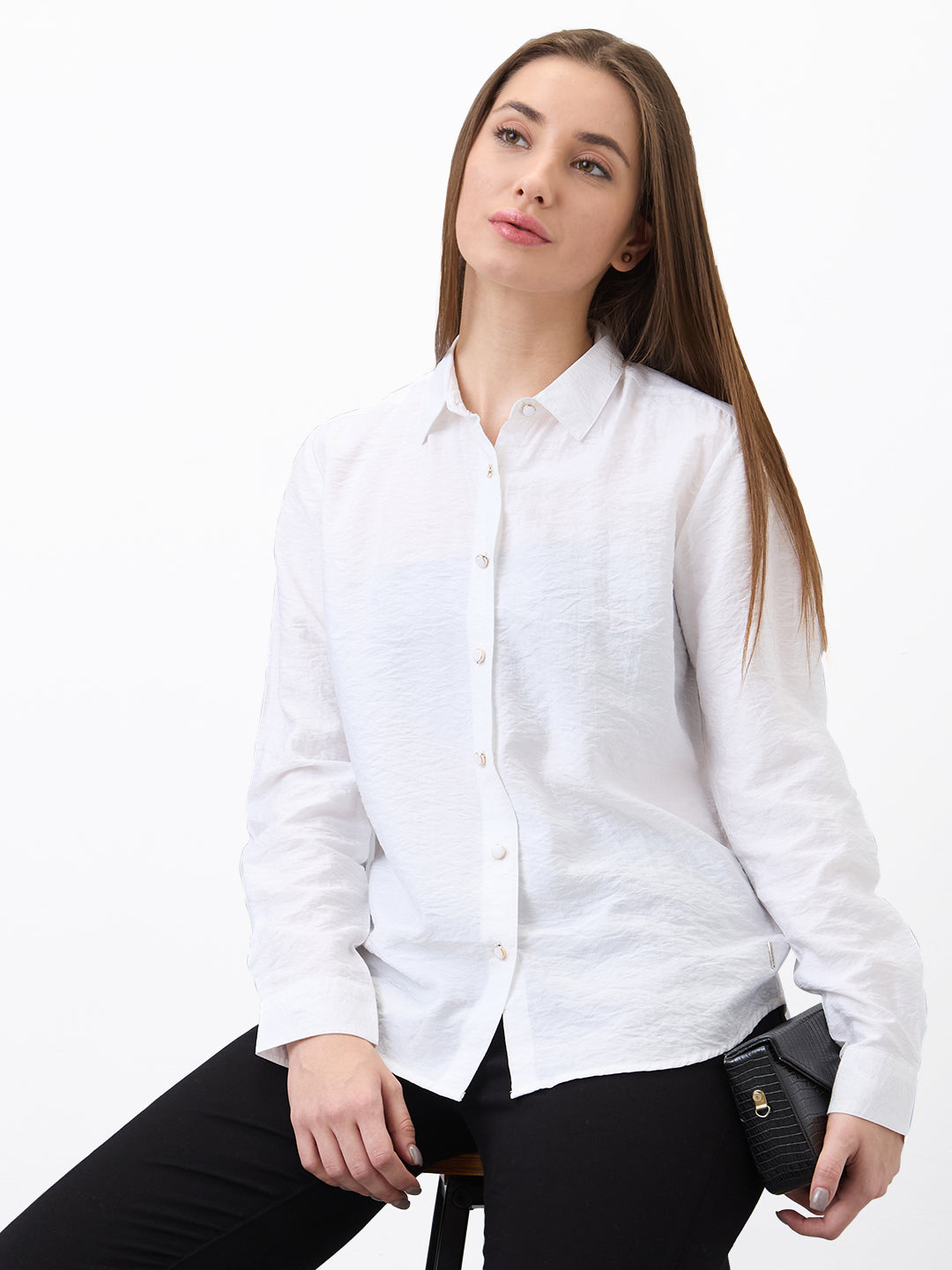 Spykar White Regular Fit Solid Full Sleeve Shirt For Women