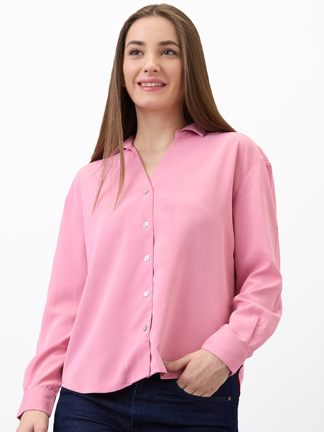 Spykar Pink Regular Fit Solid Full Sleeve Shirt For Women