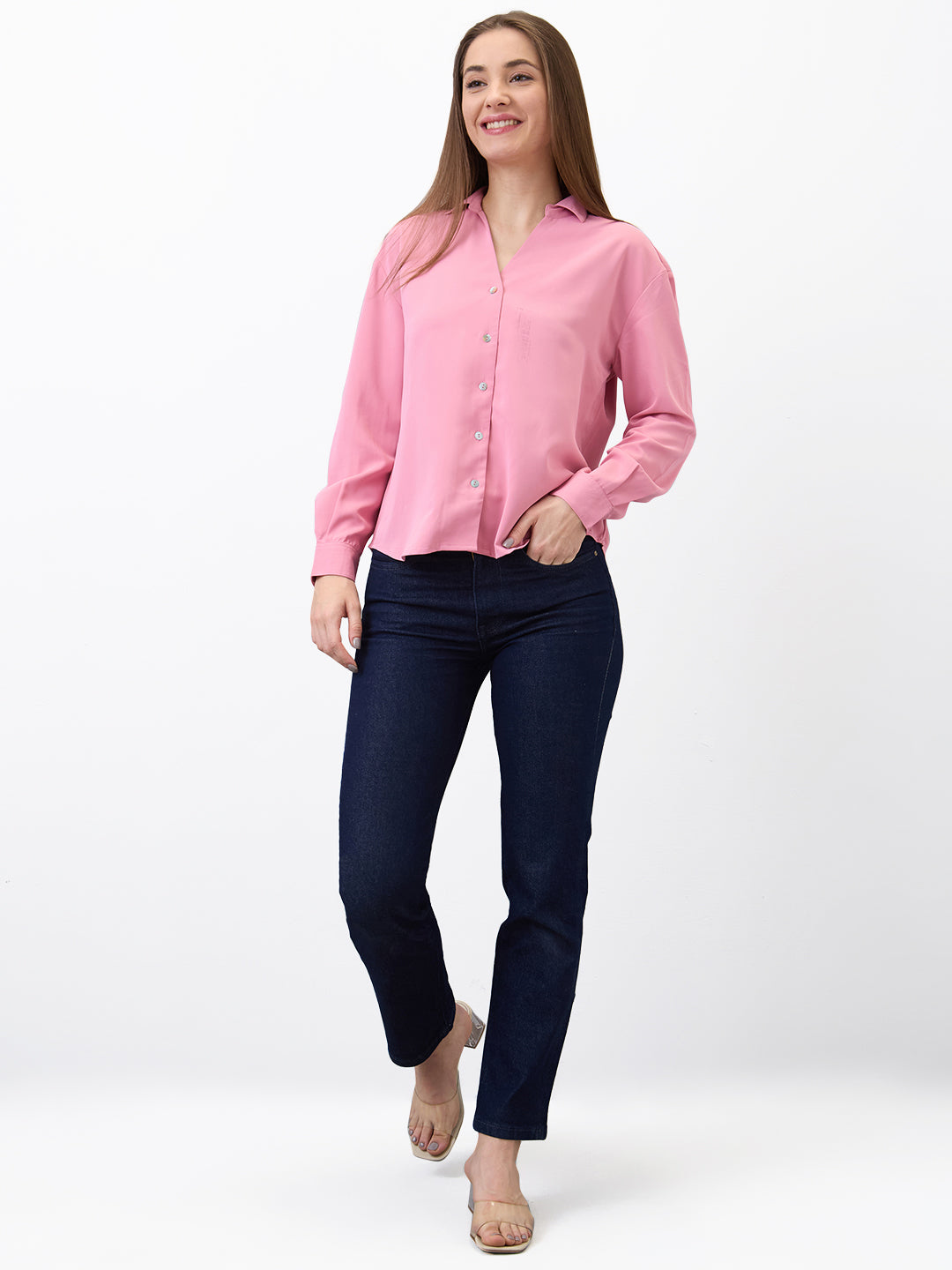 Spykar Pink Regular Fit Solid Full Sleeve Shirt For Women