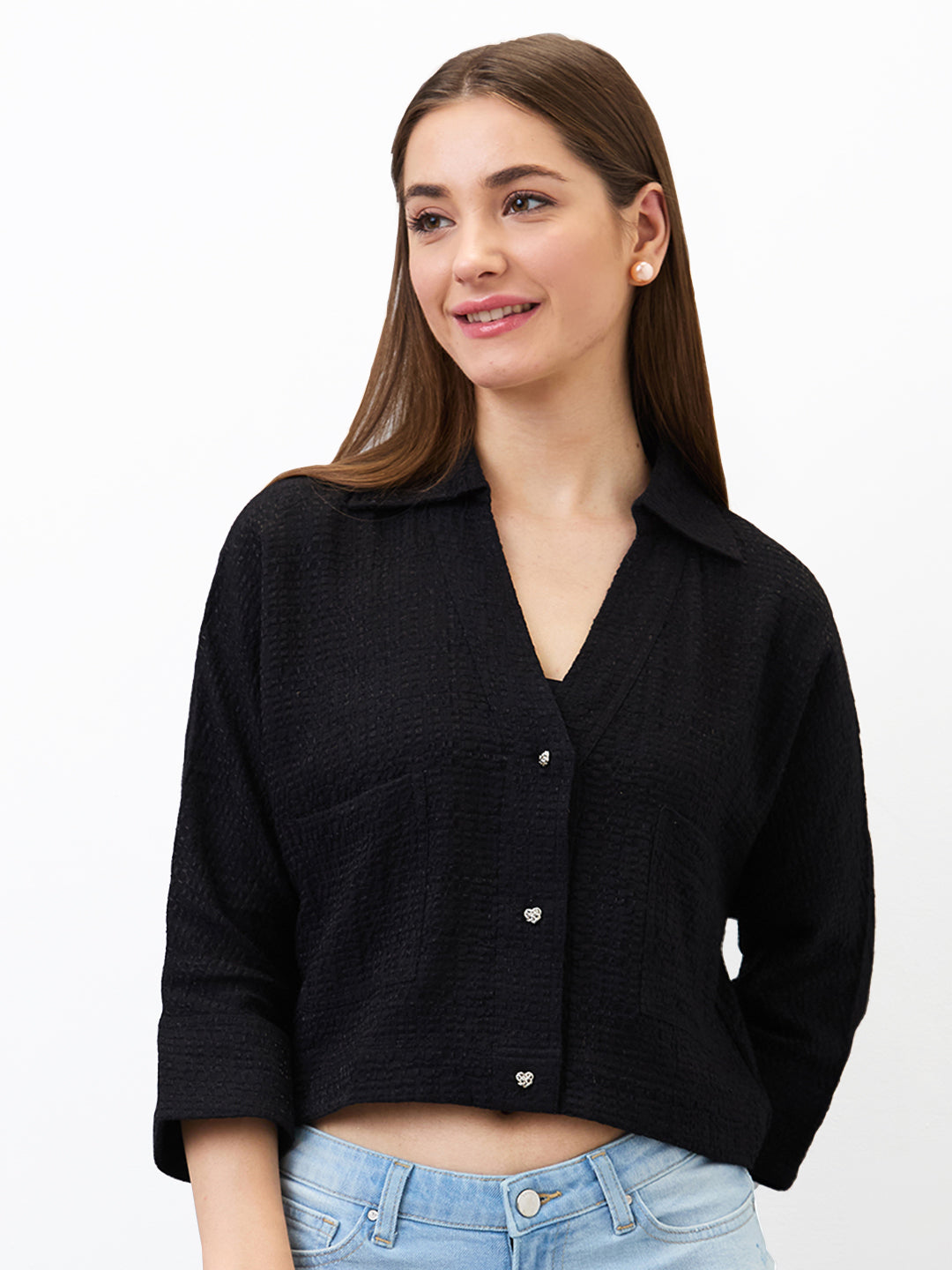 Spykar Black Boxy Fit Solid 3/4 Sleeves Shirt For Women