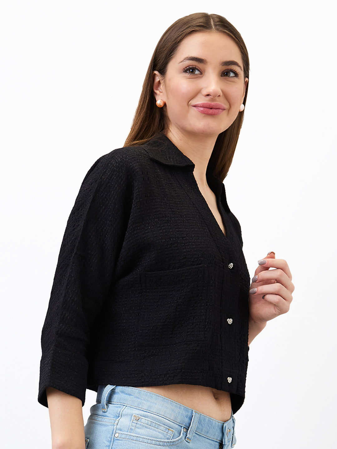 Spykar Black Boxy Fit Solid 3/4 Sleeves Shirt For Women