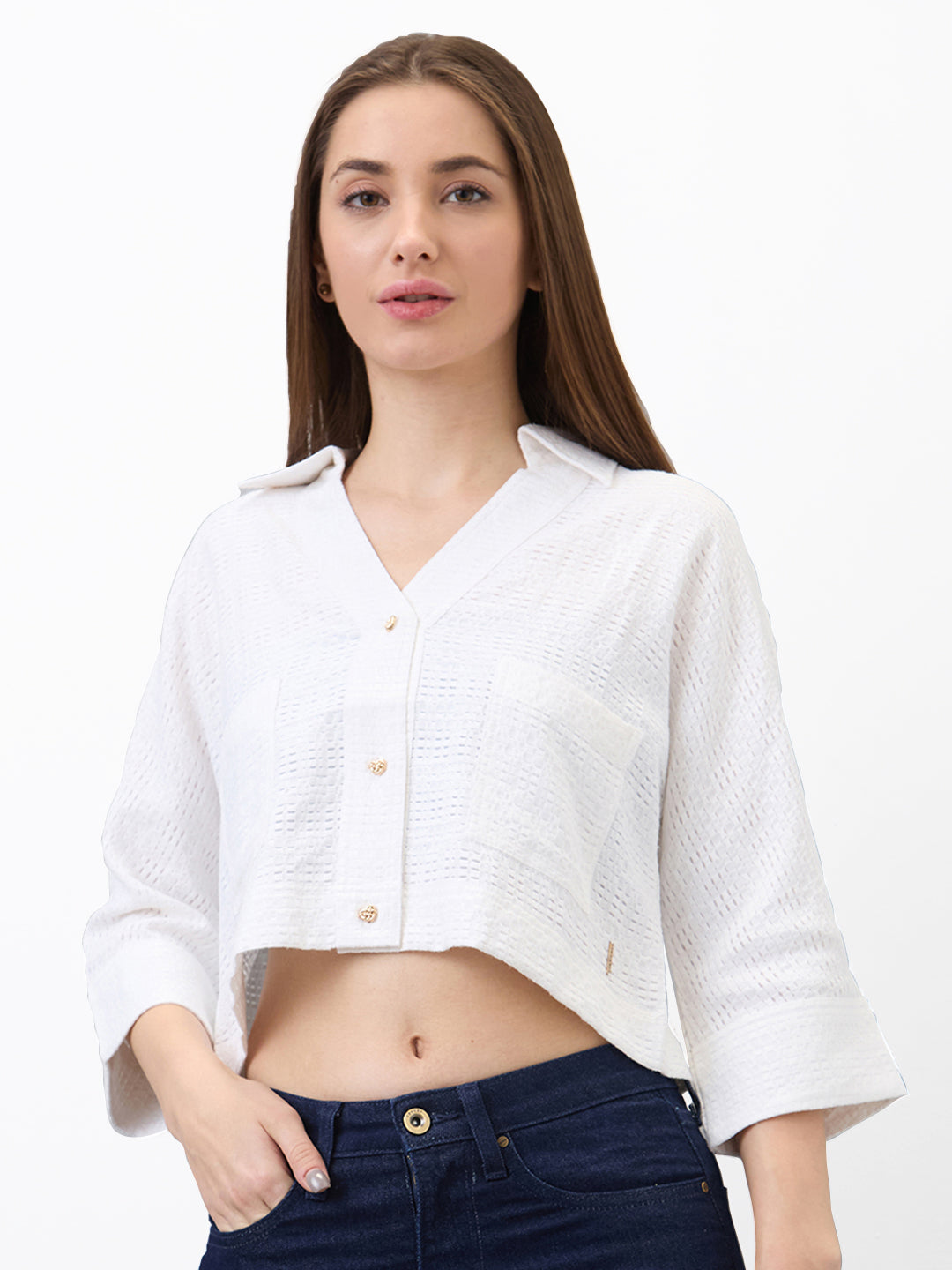 Spykar White Boxy Fit Solid 3/4 Sleeves Shirt For Women