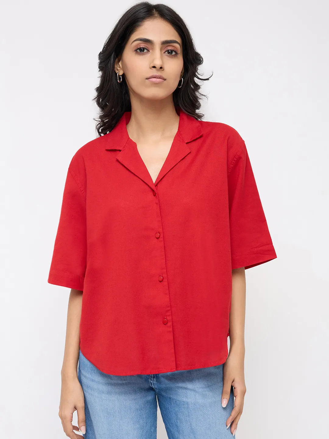 Women Shirt Solid Red Boxy Fit