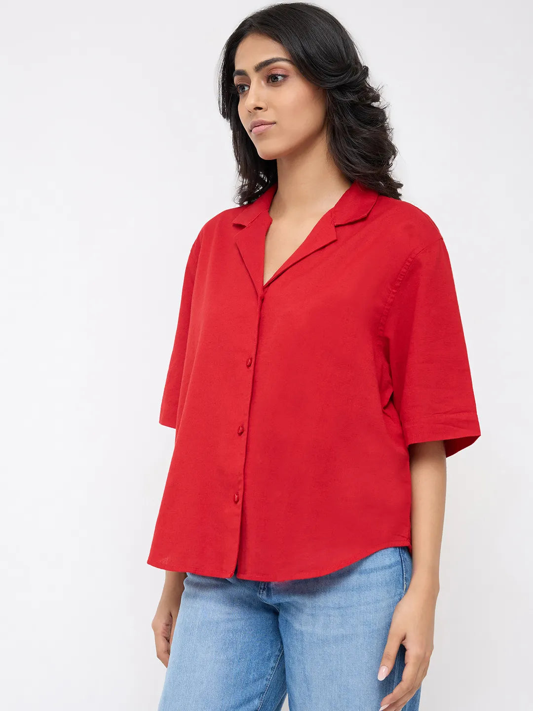 Women Shirt Solid Red Boxy Fit