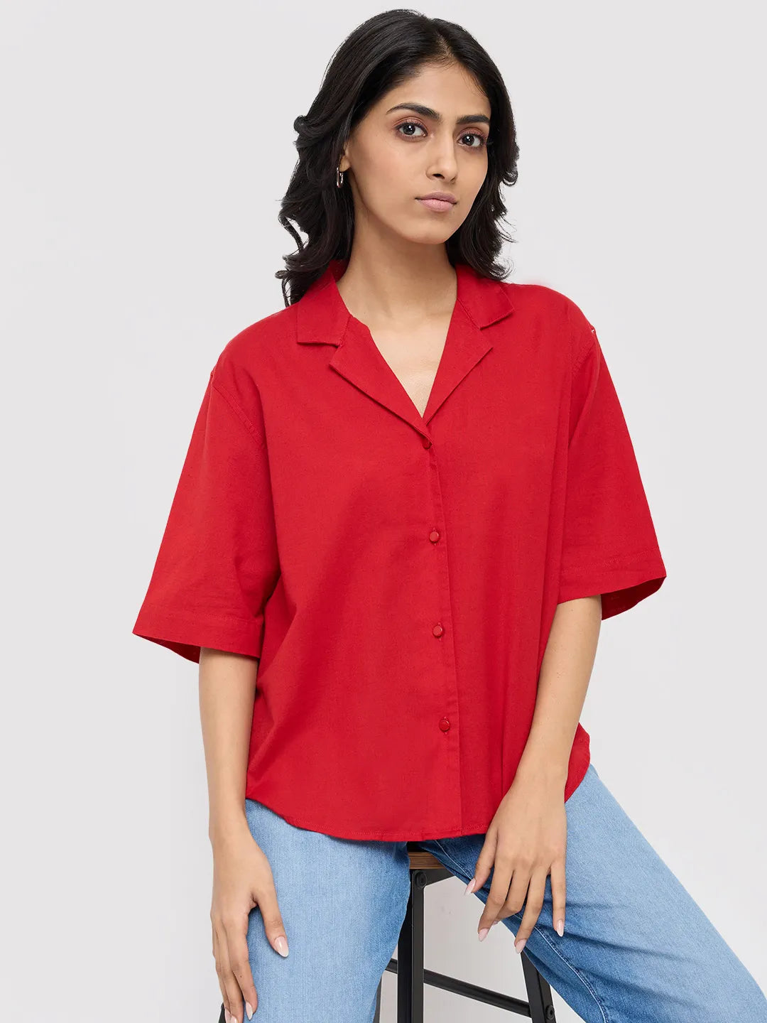 Women Shirt Solid Red Boxy Fit